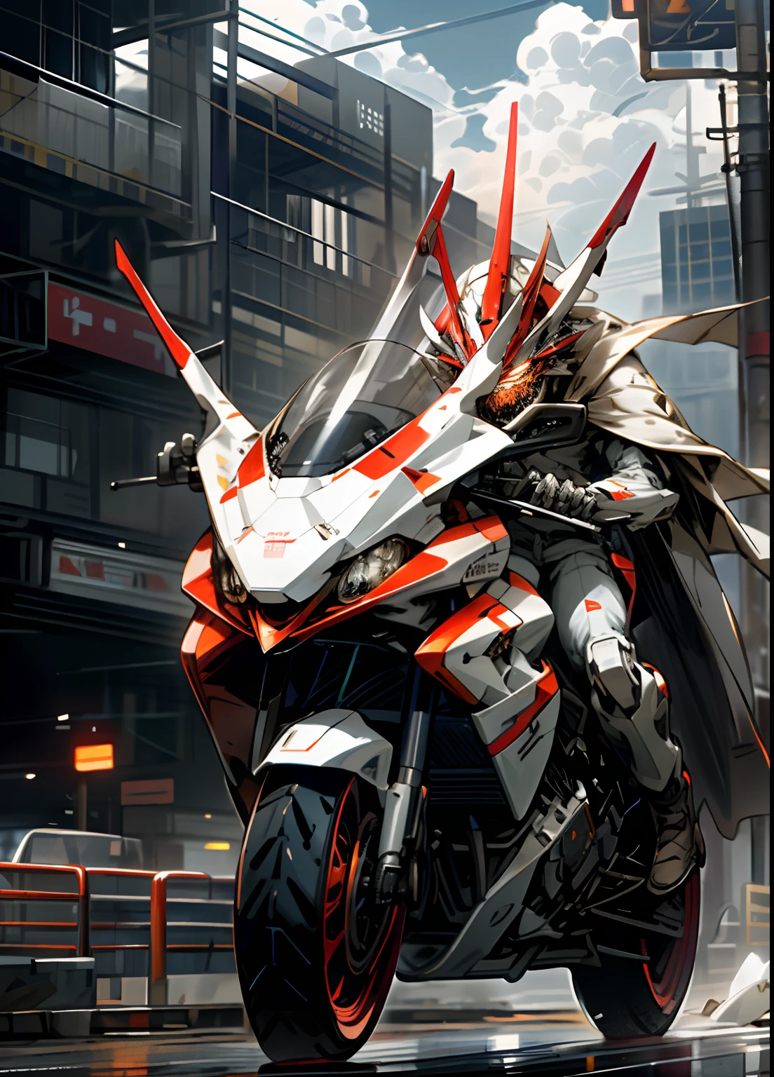 Sky, clouds, riding a motorcycle, no_humans, luminous, robot, red and white color scheme, horns on helmet, broken cape, riding motorcycles, architecture, glowing_eyes, mecha, science fiction, city, reality, mecha