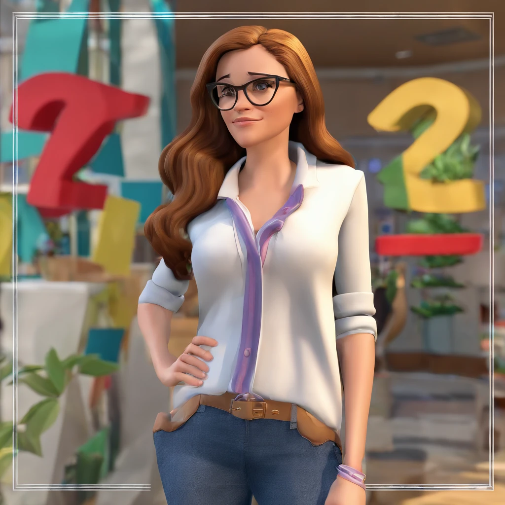 create a 3D movie poster inspired by Disney Pixar, The setting is a gift shop with a table, canecas, agenda, computador, maquina de recorte, encadernadora, impressoras, papers, tesouras, tintas. The main character is a white-skinned woman, cabelos grisalhos lisos e comprido, olhos castanhos, vestindo camiseta branca, Jeans and brown glasses.