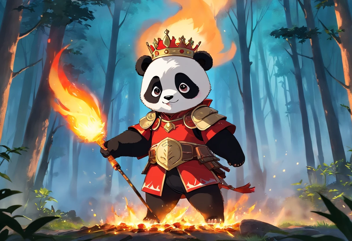 A panda，Wearing red armor，A crown on his head，Against the backdrop of raging forest fires，eating barbecue，The light of the fire should shine on the clothes，Brilliant clouds overhead。The surroundings are dim and gloomy。