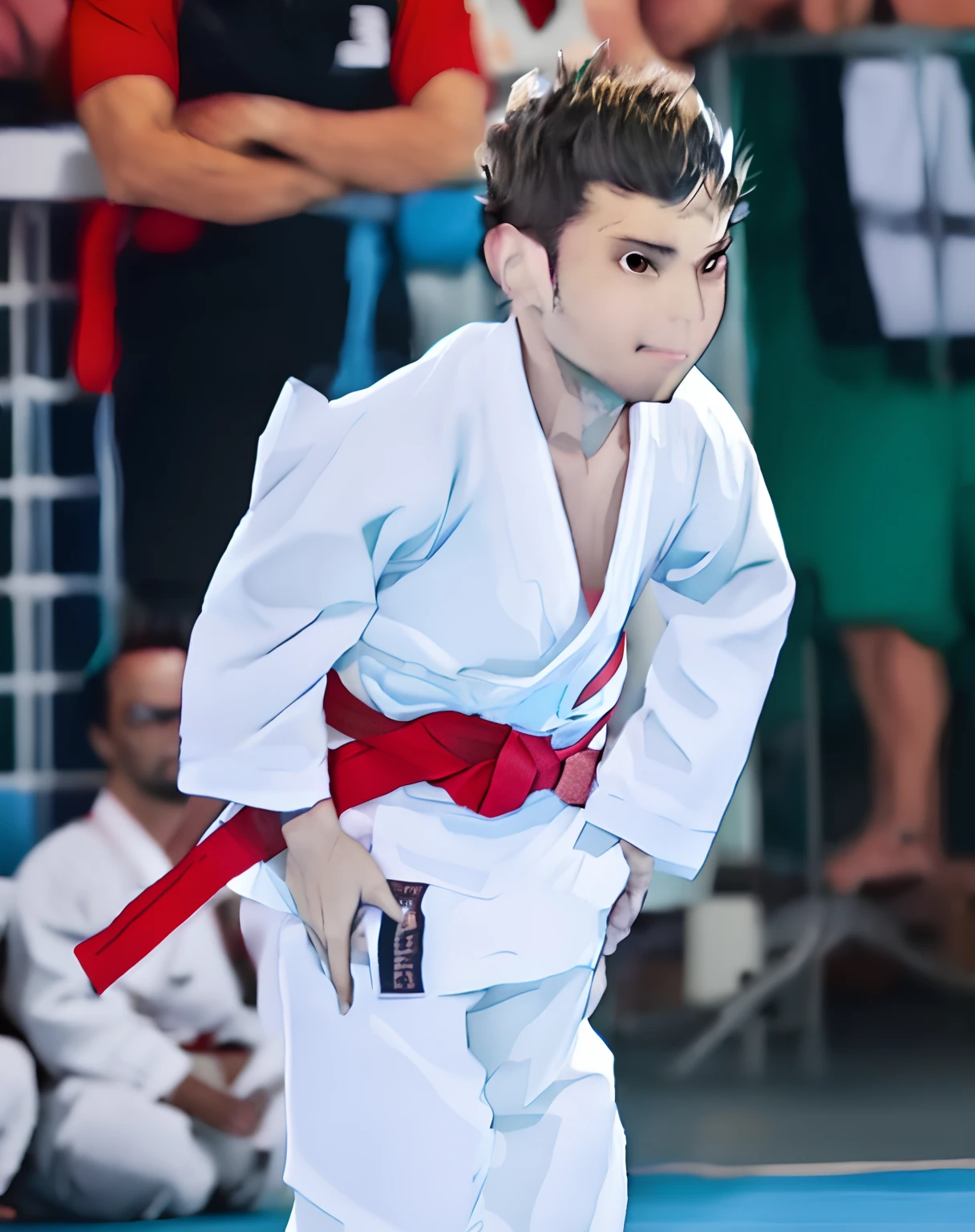 Boy in white kimono standing on blue carpet with red belt, torneio de artes marciais, vestindo um gi branco, Karate, sao paulo, Directed by: Felipe Seade, karate outfit, cabrito, faixa branca, Detalhe poderoso, garotinho, aicabritoo, Karate Pose, postura poderosa, caio santos, artes marciais, em uma postura de luta, icaro carvalho