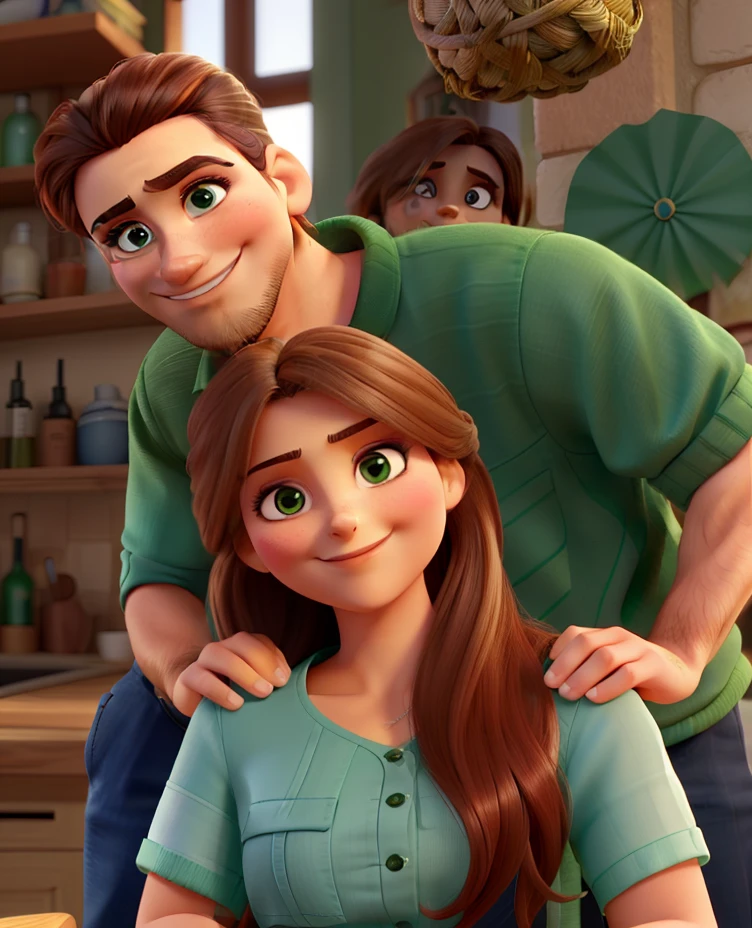 There is a woman, de cabelos longos, castanhos, olhos verdes, Smiling looking at the camera and a man behind her, de barba e oculos, Lightly crouched looking at the camera and with his hands placed on the woman's shoulder.