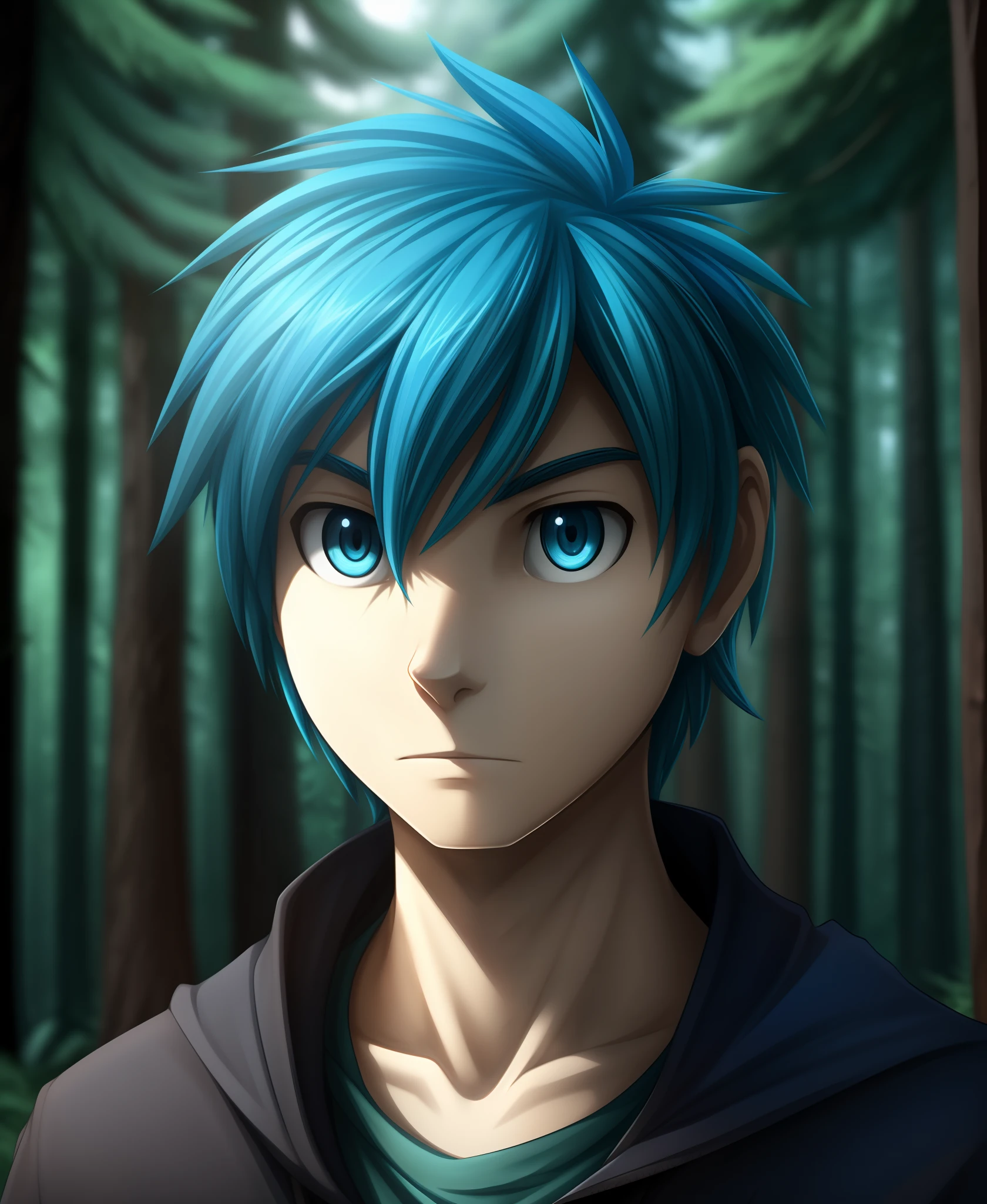 trace-legacy, twokinds, by tom_fischbach,, (best quality, masterpiece:1), solo, male human, blue eyes, medium hair, blue hair, portrait,  looking at viewer,  (outdoors dark forest trees blurry blurred background:1.1),