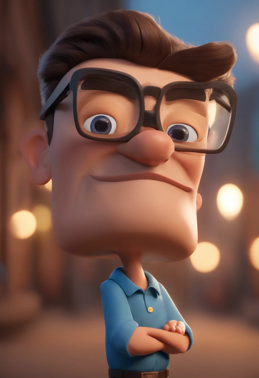Cartoon character of a man with black glasses and a blue shirt, animation character, Caractere estilizado, animation style rendering, 3D estilizado, Arnold Maya render, 3 d render stylized, toon render keyshot, Personagem 3D, Personagem 3D, 3d rendering stylized, 3 d character render, personagem de desenho animado, Personagem de close up, Pose de personagem,  (Estilo Pixar) (master part:1.2) (Bokeh) (best quality) (pele detalhada) (textura detalhada) (8k) (argila) (Cinematic lighting) (foco nítido