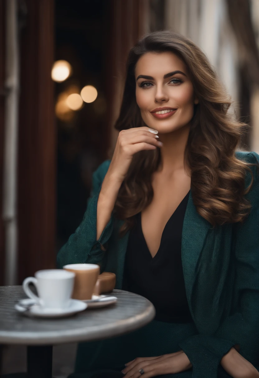 Beautiful French woman sitting and sipping coffee outside the street side in a small café, beautiful face, cabelo preto curto com olhos azuis e sombra pesada, vestindo roupas bonitas e elegantes, grande estilo de moda, looking at you with loving eyes and a soft smile, Background is a European city of the city center, Fundo desfocado, profundidade de campo rasa, Cinematic light, luz suave, retroiluminado, micro-detalhes, fotorrealismo, fotorrealista, cinemactic, 85mm 1.4
