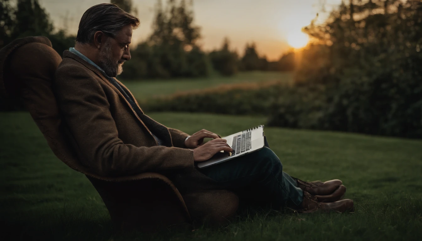 A man sitting in an armchair working on his notebook (computer