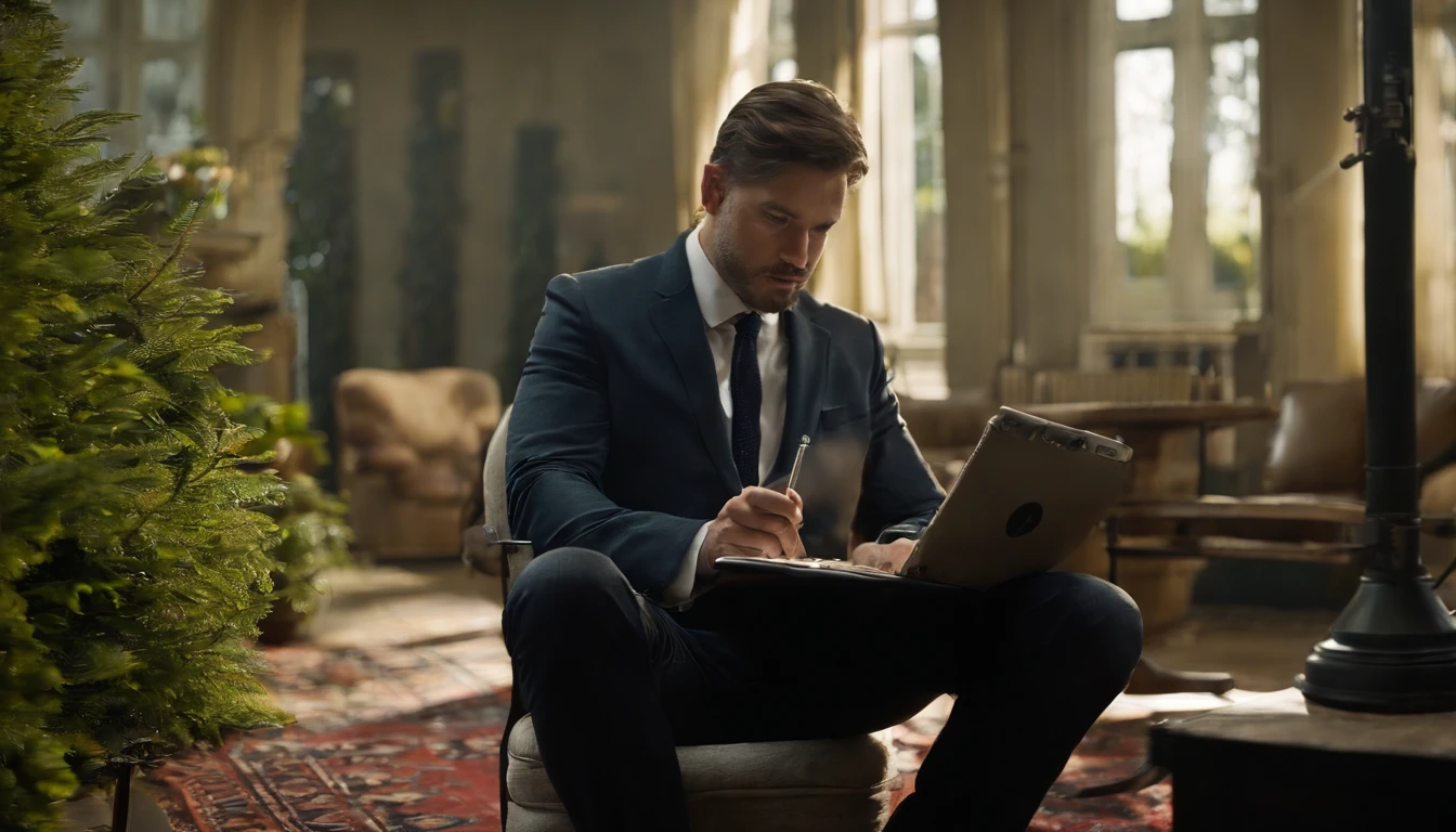A man sitting in an armchair working on his notebook (computer
