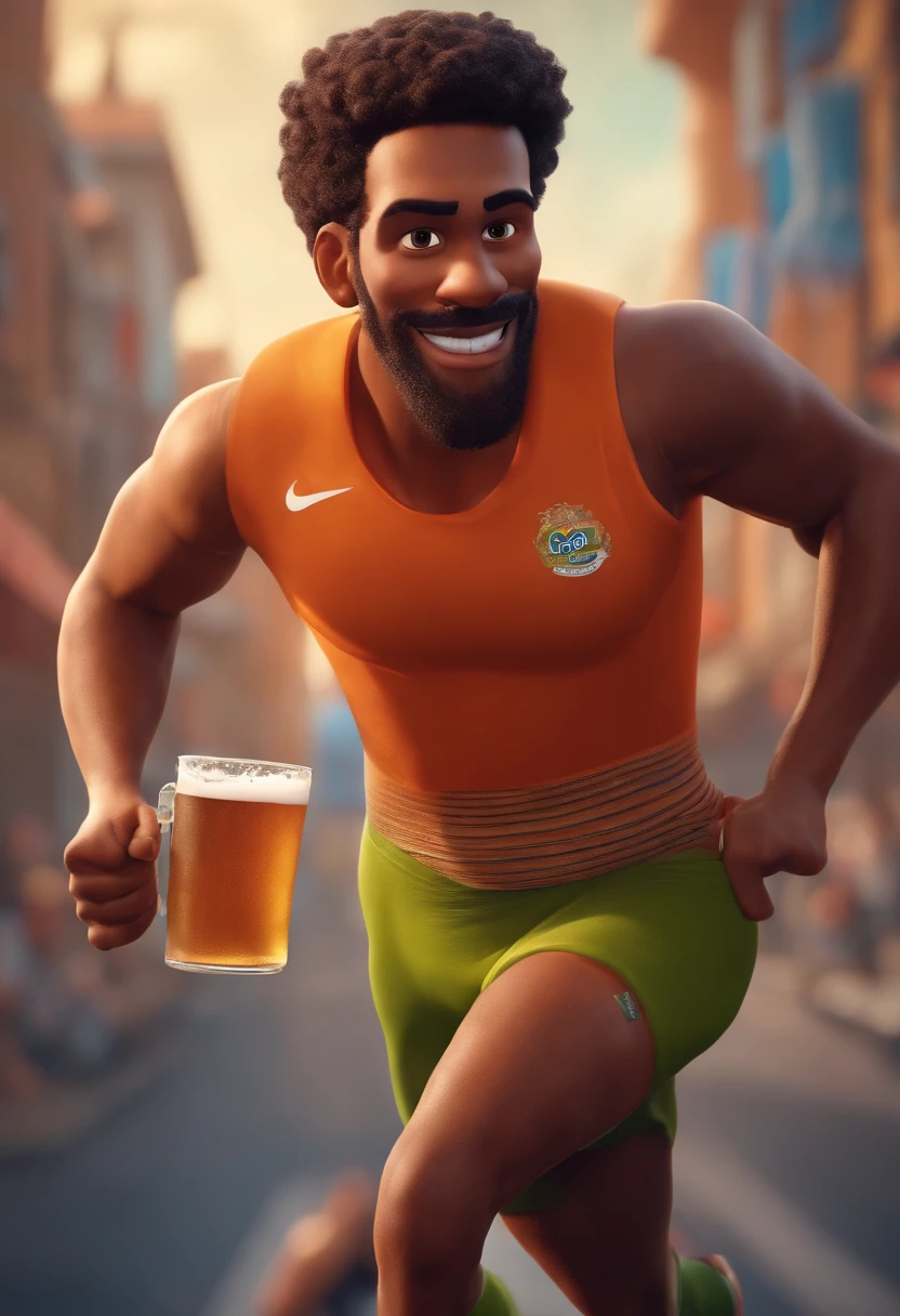 An athlete running and holding a mug of beer in his hand, estilo pixar