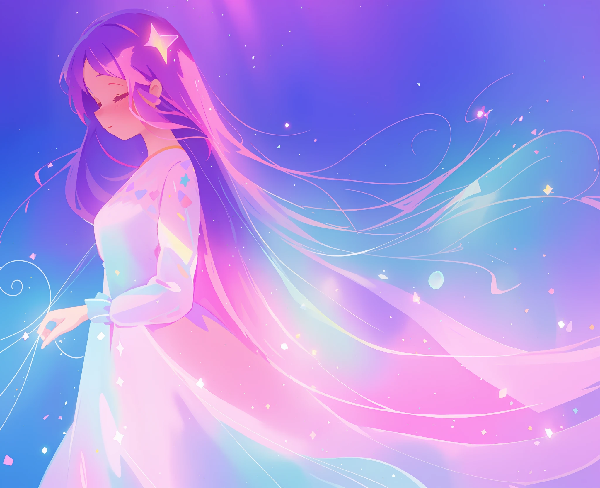 beautiful girl in colorful sparkling flowing ballgown, long flowing purple pink hair, colorful sparkling lights, purple blue pink white theme, colorful fantasia background, watercolor illustration, glowing aura around her, glowing lights, beautiful digital illustration, beautiful, masterpiece, best quality