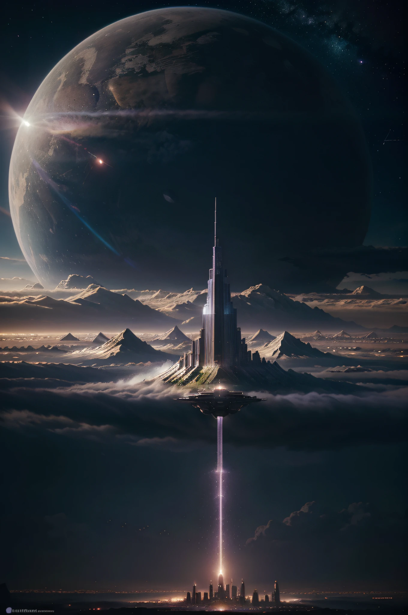 Create an 8K high-resolution masterpiece illustration, ultra-detailed, depicting a breathtaking futuristic landscape. The scene should portray a grand floating city in a science fiction world, where celestial architecture seamlessly blends with the environment. The city should hover in the ethereal sky, surrounded by numerous planets decorating the horizon. Elaborate clouds should enshroud the city, adding a touch of mystery and beauty. From the city's ground, purple energy should burst forth like scars, illuminating the landscape in a dazzling manner. The illustration should capture every detail of this epic vision, with each building, cloud, and source of energy depicted perfectly. This masterpiece should transport the viewer to a futuristic and ethereal world where imagination meets reality.