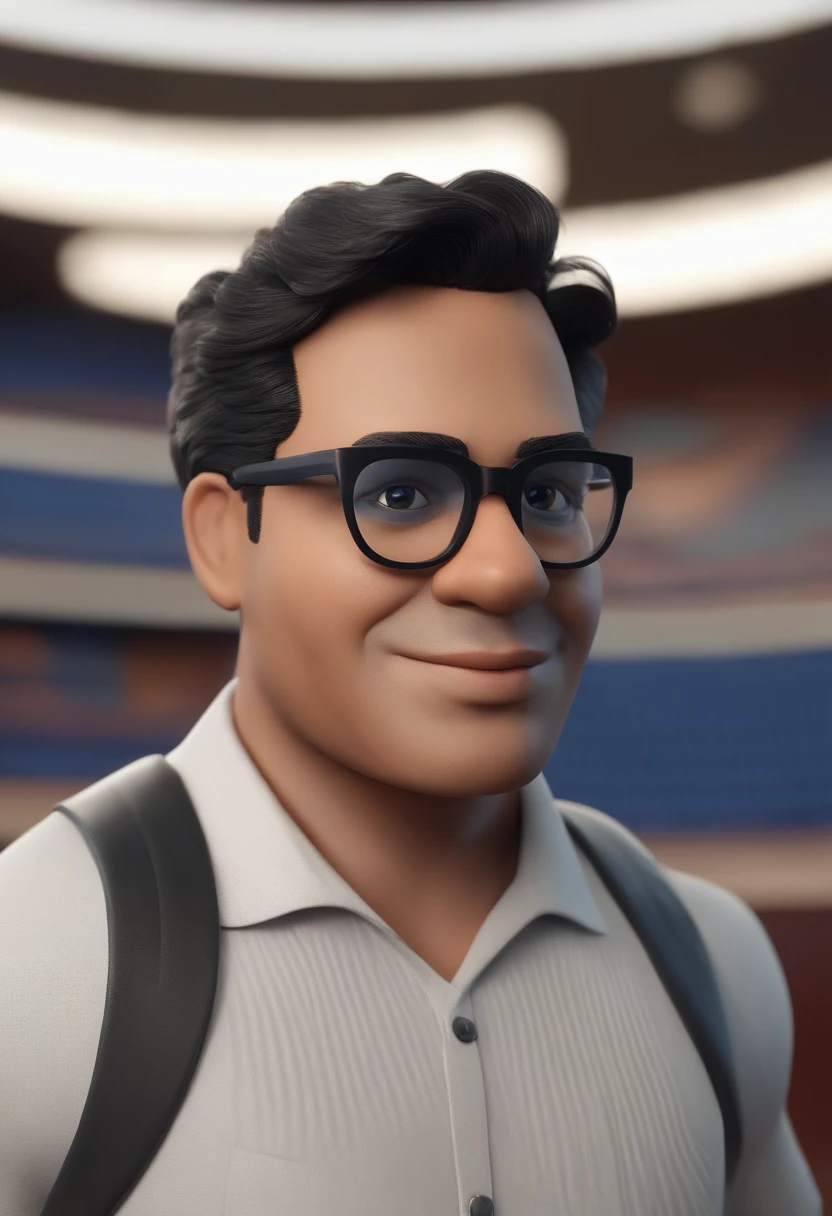 Cartoon character of a man wearing black glasses and a blue shirt, um personagem animado, Caractere estilizado, animation style rendering, 3D estilizado, Arnold Maya render, 3 d render stylized, toon render keyshot, Personagem 3D, Personagem 3D, 3d rendering stylized, 3 d character render, personagem de desenho animado, Personagem de close up, Pose de personagem, (Estilo Pixar) (master part:1.2) (Bokeh) (best quality) (pele detalhada) (textura detalhada) (8k) (argila) (Cinematic lighting) (foco nítido，Senta e vaza a parte superior do corpo