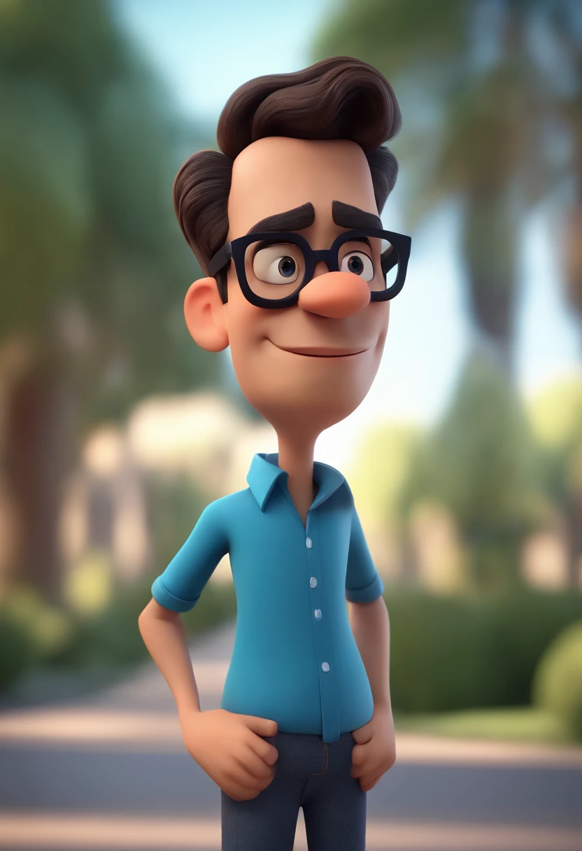 Cartoon character of a man wearing black glasses and a blue shirt, um personagem animado, Caractere estilizado, animation style rendering, 3D estilizado, Arnold Maya render, 3 d render stylized, toon render keyshot, Personagem 3D, Personagem 3D, 3d rendering stylized, 3 d character render, personagem de desenho animado, Personagem de close up, Pose de personagem, (Estilo Pixar) (master part:1.2) (Bokeh) (best quality) (pele detalhada) (textura detalhada) (8k) (argila) (Cinematic lighting) (foco nítido，Senta e vaza a parte superior do corpo