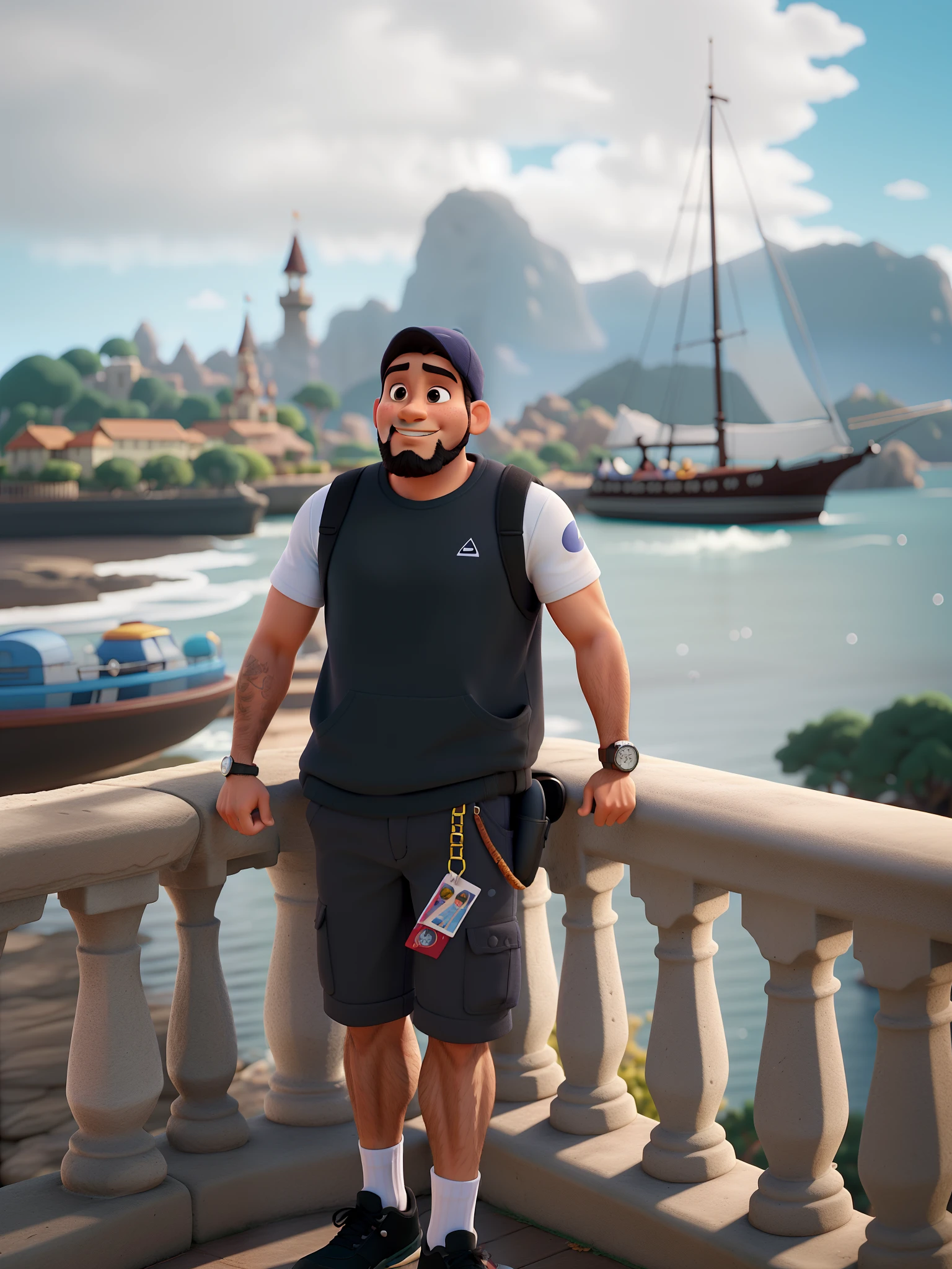 poster no estilo disney pixar, um homem de 30 anos com barba, olhando para horizonte, usando regata preta, bermuda moletom preto, with a black cap and burgundy hanging from his waist and a black watch on his left wrist and a strong physique, with sneakers and white high-top socks on the shin, Estilo Disney Pixar, alta qualidade, melhor qualidade
