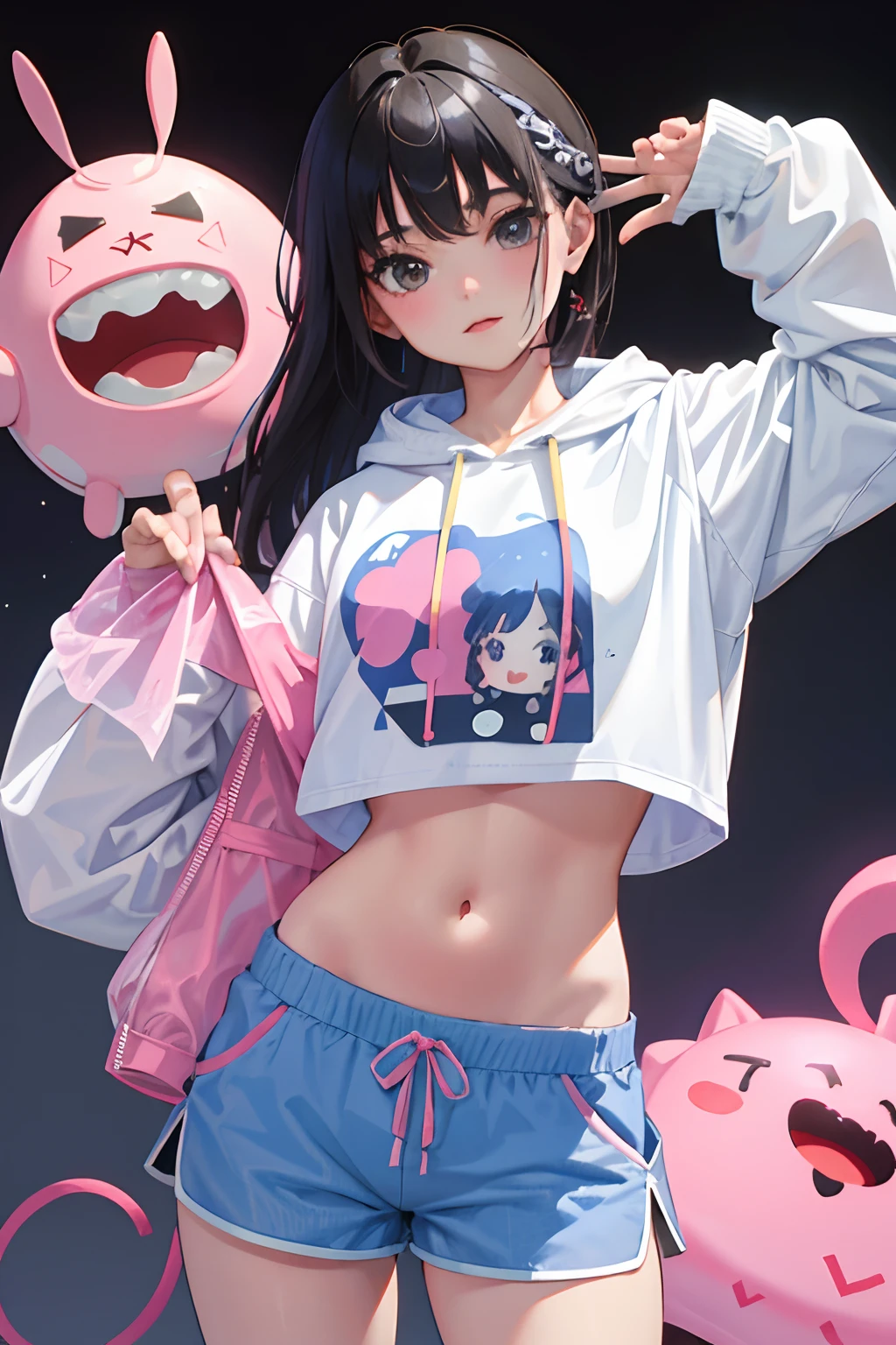 (child),(masterpiece,Highest Quality),Crop Top Look,Pastel Hoodie,(Gingham check shorts),A dark-haired,World of toys
