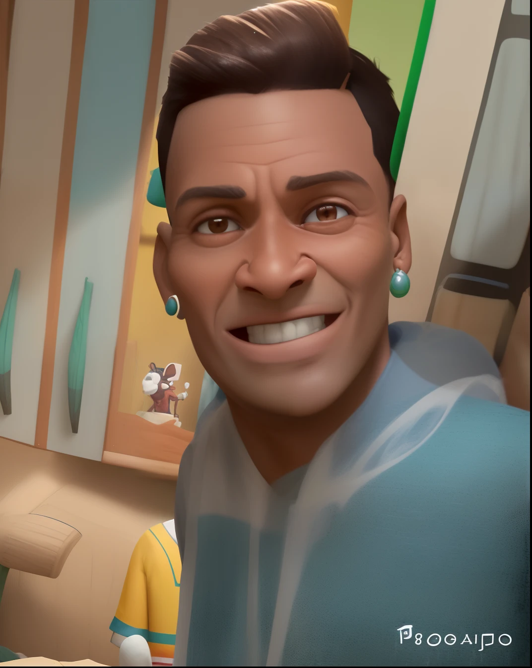 Jovem bonito,pele clara, aproximadamente 20 anos , cabelos pretos, cavanhaque somente no queixo, usando blusa cinza, sorrindo, alargadores na orelha personagem pixar, 8k, fundo uma cozinha, rosto personagem da pixar.