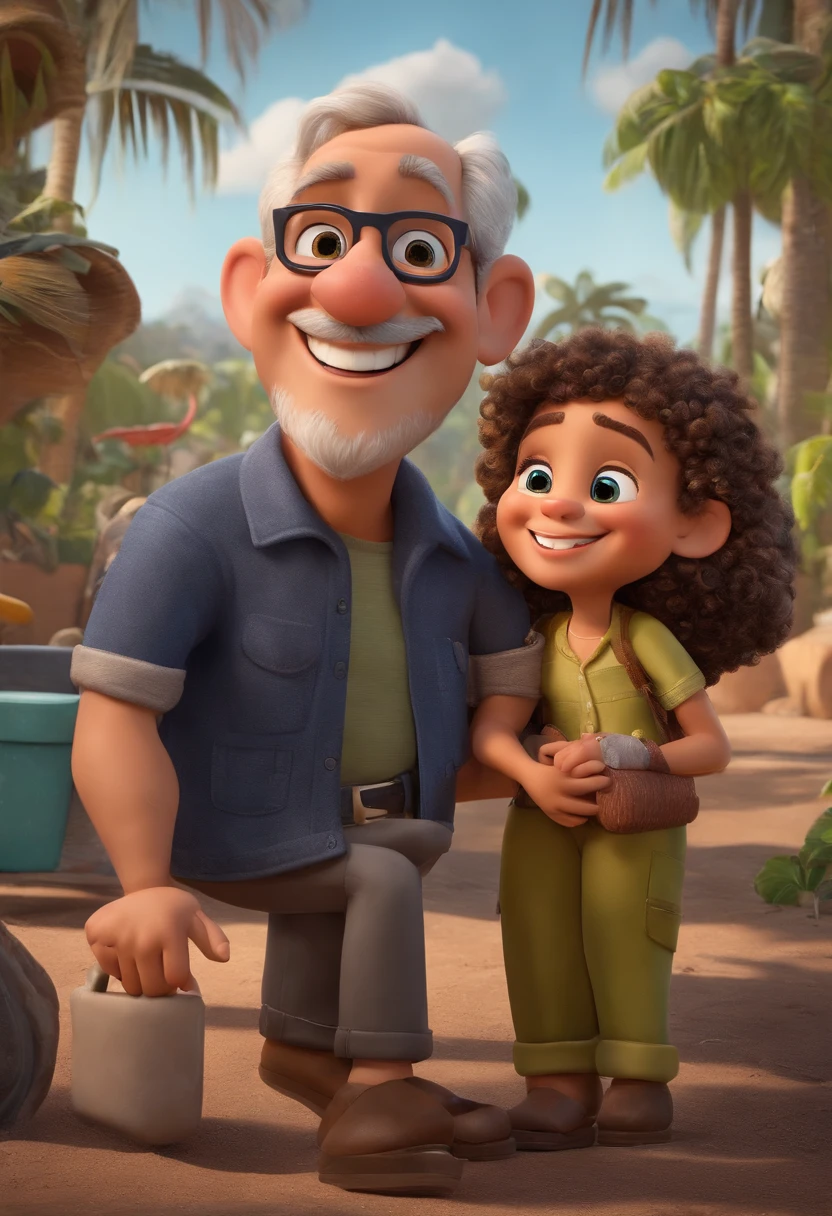 Pixar. Menino de cabelos pretos com cabelos grisalhos, barba pequena, eyeglass, bermuda cinza e regata camuflada,  They're smiling and they're 40 years old, tirando foto no espelho, Holding water bottle