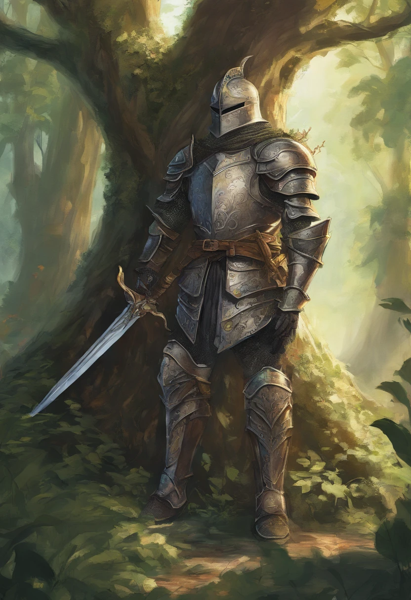 (Knight lying and leaning on the tree in the forest:1.2), flora, vine grows on his armor,full armor, helmet, (knight:1.2),dnd art, dungeons and dragons art, high fantasy illustration,d & d art style,