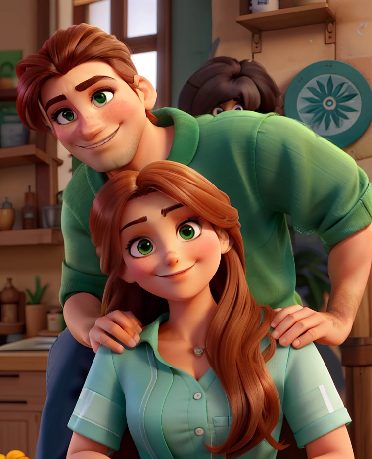 There is a woman, de cabelos longos, castanhos, olhos verdes, Smiling looking at the camera and a man behind her, de barba e oculos, Lightly crouched looking at the camera and with his hands placed on the woman's shoulder.