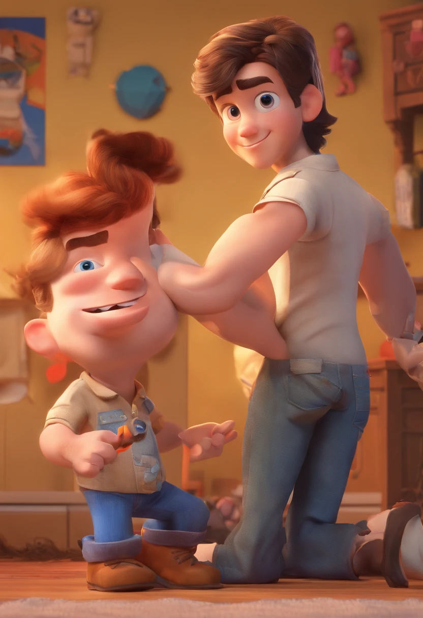 Estilo Pixar: The grown man is holding a naked blue-eyed boy and in his other hand he is holding a pair of scissors and is trying to cut off the boy's testicles,3D Poster,Disney