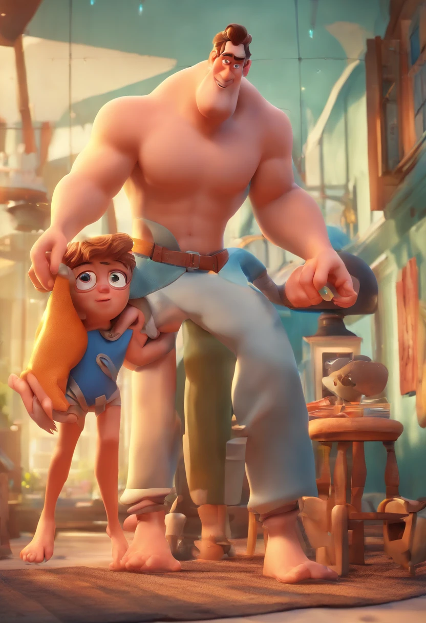 Estilo Pixar: The grown man is holding a naked blue-eyed boy and in his other hand he is holding a pair of scissors and is trying to cut off the boy's testicles,3D Poster,Disney