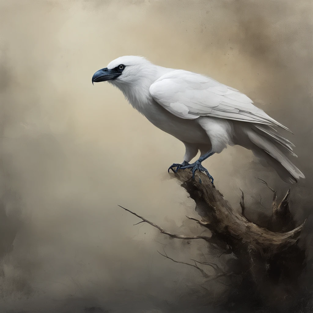 A white crow on a dead tree, The white raven is rich in detail and realistic，Em Forma de sombra de um caminhante, Noite estrelada, Thick fog on the ground, Luz azul no horizonte, Motor Unreal5, cinemactic, Low angle photo, motion blur, proFundidade de campos, dust, Seixos e solo. arte splash, pingando tinta. Perfect color classification. The Influency of Carel Appel and Jeremy Mann, Many dramatic and threatening scenes, Ultra - Detalhado, Beautiful, detalhes insanos, detalhes intrincados, FotograFia Editorial, FotograFado com uma lente de 50mm, proFundidade de campos, Tilt Blur, Velocidade do obturador 1/1000, F/22. Mapas de luz, super brilhante