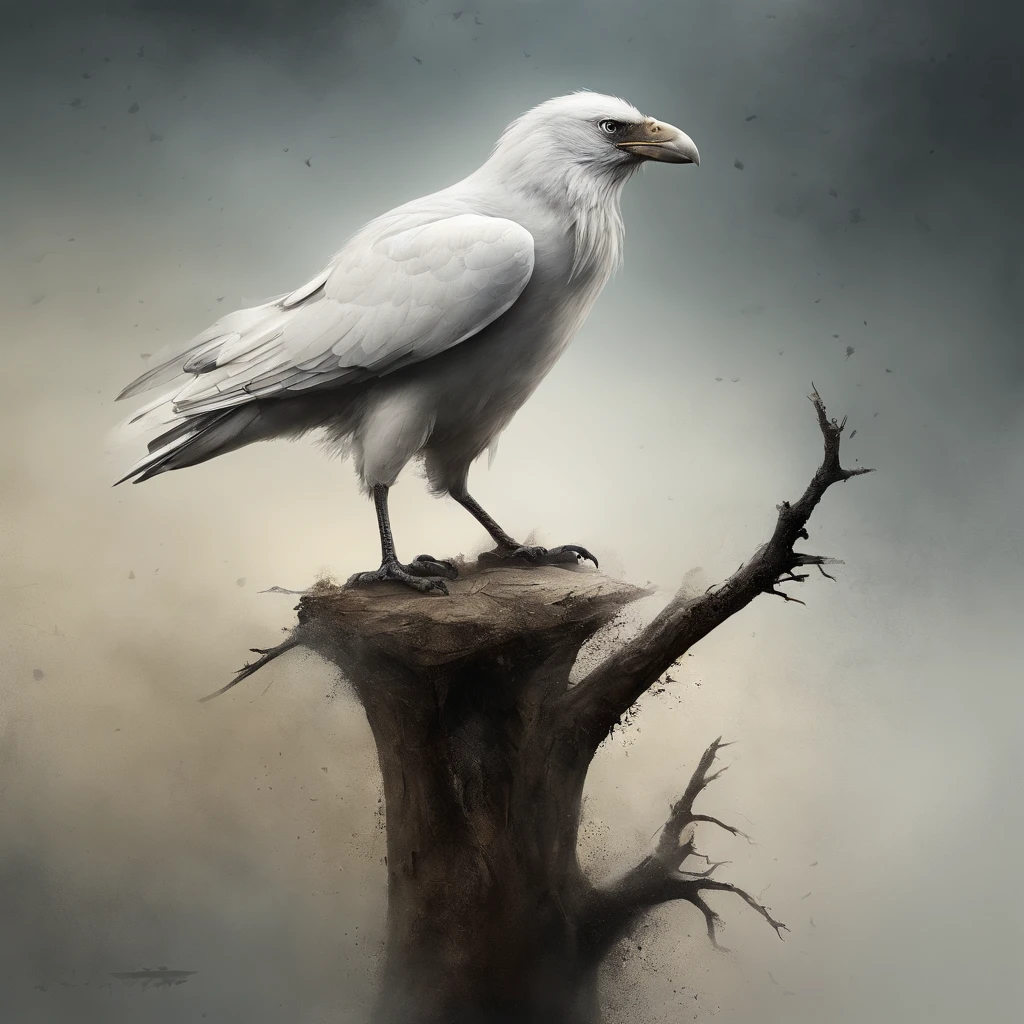 A white crow on a dead tree, The white raven is rich in detail and realistic,Em Forma de sombra de um caminhante, Noite estrelada, Thick fog on the ground, Luz azul no horizonte, Motor Unreal5, cinemactic, Low angle photo, motion blur, proFundidade de campos, dust, Seixos e solo. arte splash, pingando tinta. Perfect color classification. The Influency of Carel Appel and Jeremy Mann, Many dramatic and threatening scenes, Ultra - Detalhado, Beautiful, detalhes insanos, detalhes intrincados, FotograFia Editorial, FotograFado com uma lente de 50mm, proFundidade de campos, Tilt Blur, Velocidade do obturador 1/1000, F/22. Mapas de luz, super brilhante