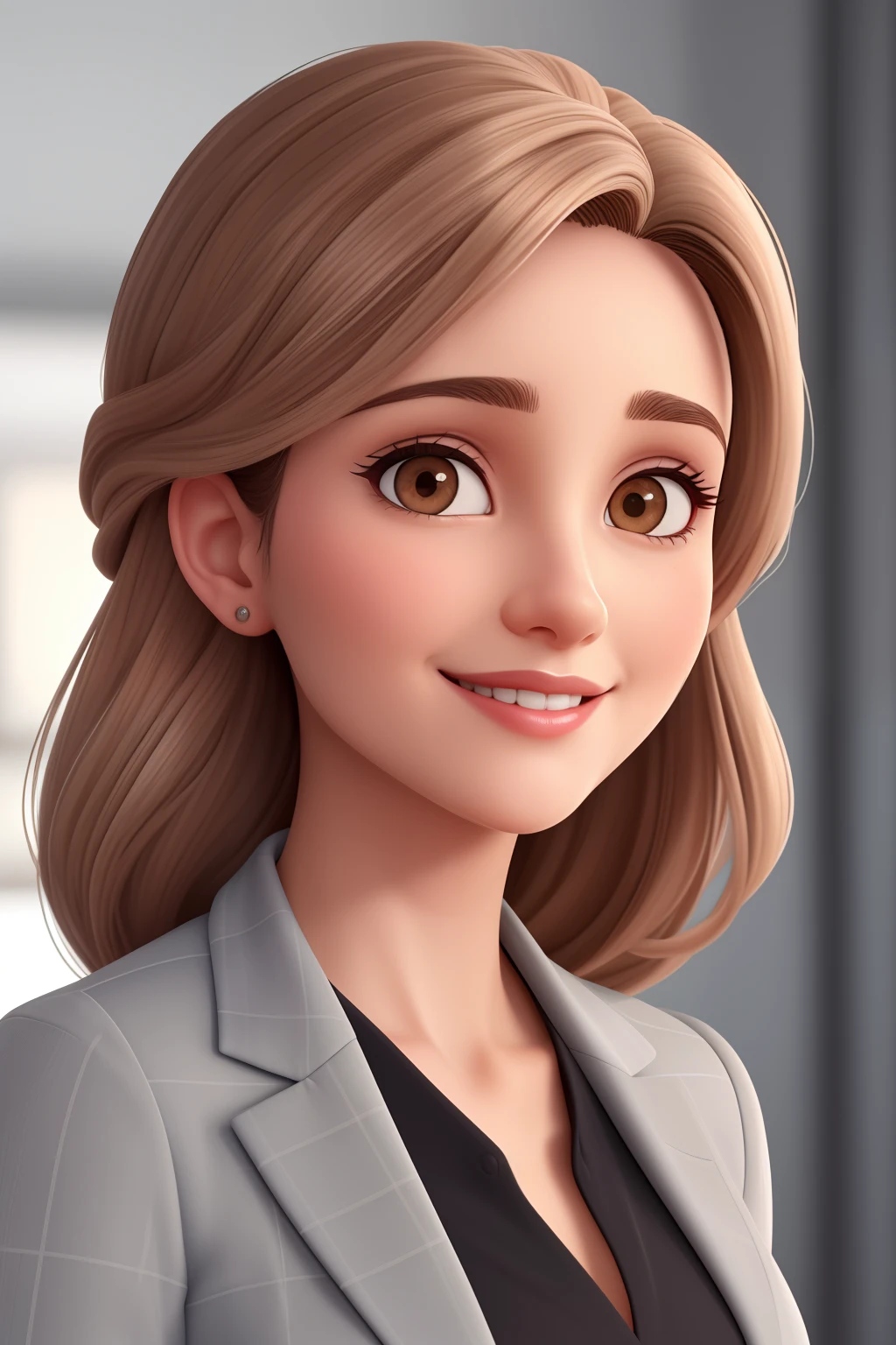 Uma mulher de 30 anos, com cabelos castanhos liso, Rosto cumprido, rosto cumprido com sorriso encantador, and brown eyes without glasses, wearing blazer preto