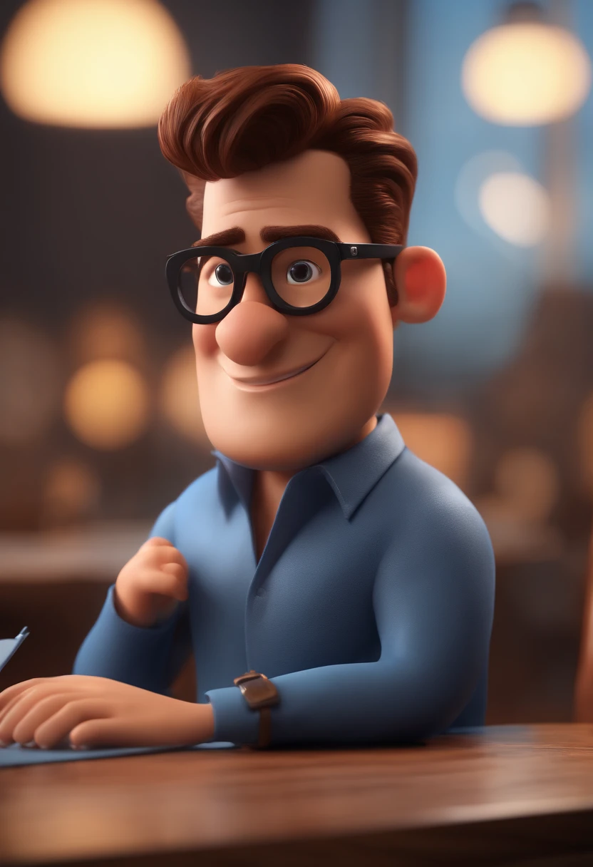 Cartoon character of a man with black glasses and a blue shirt, animation character, Caractere estilizado, animation style rendering, 3D estilizado, Arnold Maya render, 3 d render stylized, toon render keyshot, Personagem 3D, Personagem 3D, 3d rendering stylized, 3 d character render, personagem de desenho animado, Personagem de close up, Pose de personagem,  (Estilo Pixar) (master part:1.2) (Bokeh) (best quality) (pele detalhada) (textura detalhada) (8k) (argila) (Cinematic lighting) (foco nítido