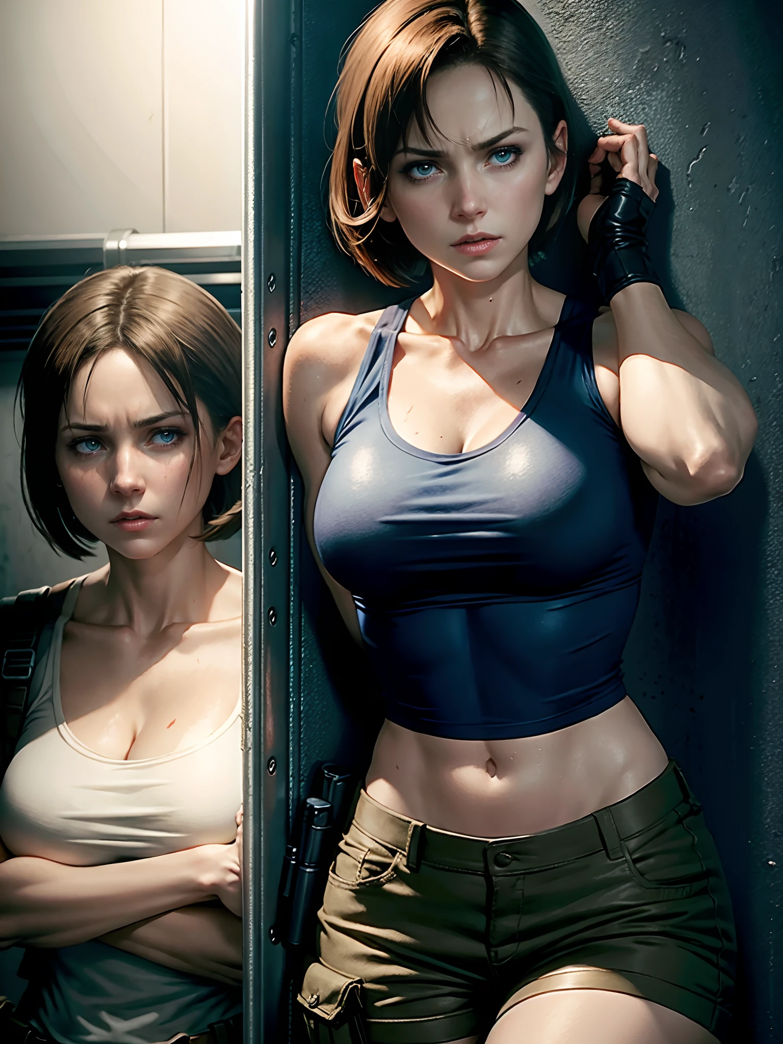 1 man, young man, 2, Leon S. Kennedy from the movie "Resident Evil 4", Eudard Badaluta's face, solo, Dark blonde hair, Curtain hairstyle, navy t-shirt, lying on the bed, sporty, volumetric lighting, depth of field.
1 woman, young woman, beautiful, curvy but slim figure, long dark brown hair, blue eyes, green dress with 3/4 zip, lying on bed.