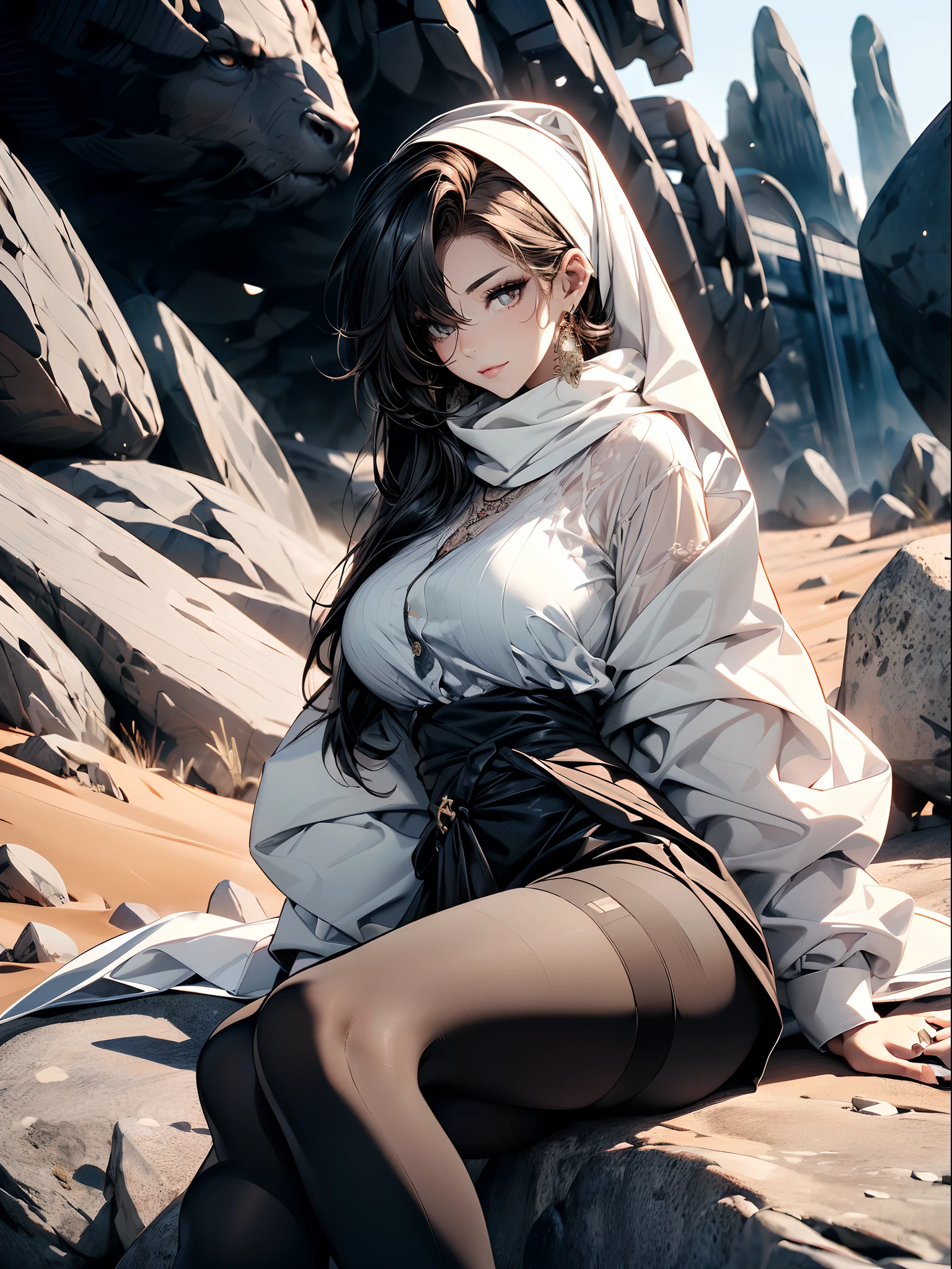 a matured woman with long black hair and a white outfit, (at a rock place in a desert:1.5), (resting in oasis:1.2, sitting with opening legs:1.5, with cross-legged:1.3, in front of lakeside:1.2), Arabic, (Post apocalyptic:0.0), from arknights, artwork in the style of guweiz, bodyesbian, fine details. girls frontline, beautiful anime illustration, from girls frontline, by Yang J, stunning, 26 years old, (milf:1.3), (solo:1.5), (sfw:1.25), sagging breast, large breasts, big tits, thin waist, big ass, Raised sexy, (dark mahogany medium short hair, updo, hair over one eye, asymmetric hair, Carly hair, low tied),(musulman, white Headscarfs, hair bands, head vandage, Turban), (ultra high resolution, 8K RAW photo, photo realistics, thin outline:1.3, clear focus), best qualtiy, natural lighting, blurry back ground, field depth, bokeh, (Bright pupils, detailed beautiful eyes, high detailed face), Red lip, looking away, (dynamic angle, front view:1.1, crotch focus:1.3, from above), dynamic posing, sexy posing, leaning forward, seductive smiling, center image, (wearing white long jacket and clothes, wearing white robes, platinum ornaments, rolling white clothes around waist, camel-brown long leather boots:1.3, translucent lace pantyhose), ((correct anatomy:1.5)), ((outdoor:1.2, in a night:1.3)),