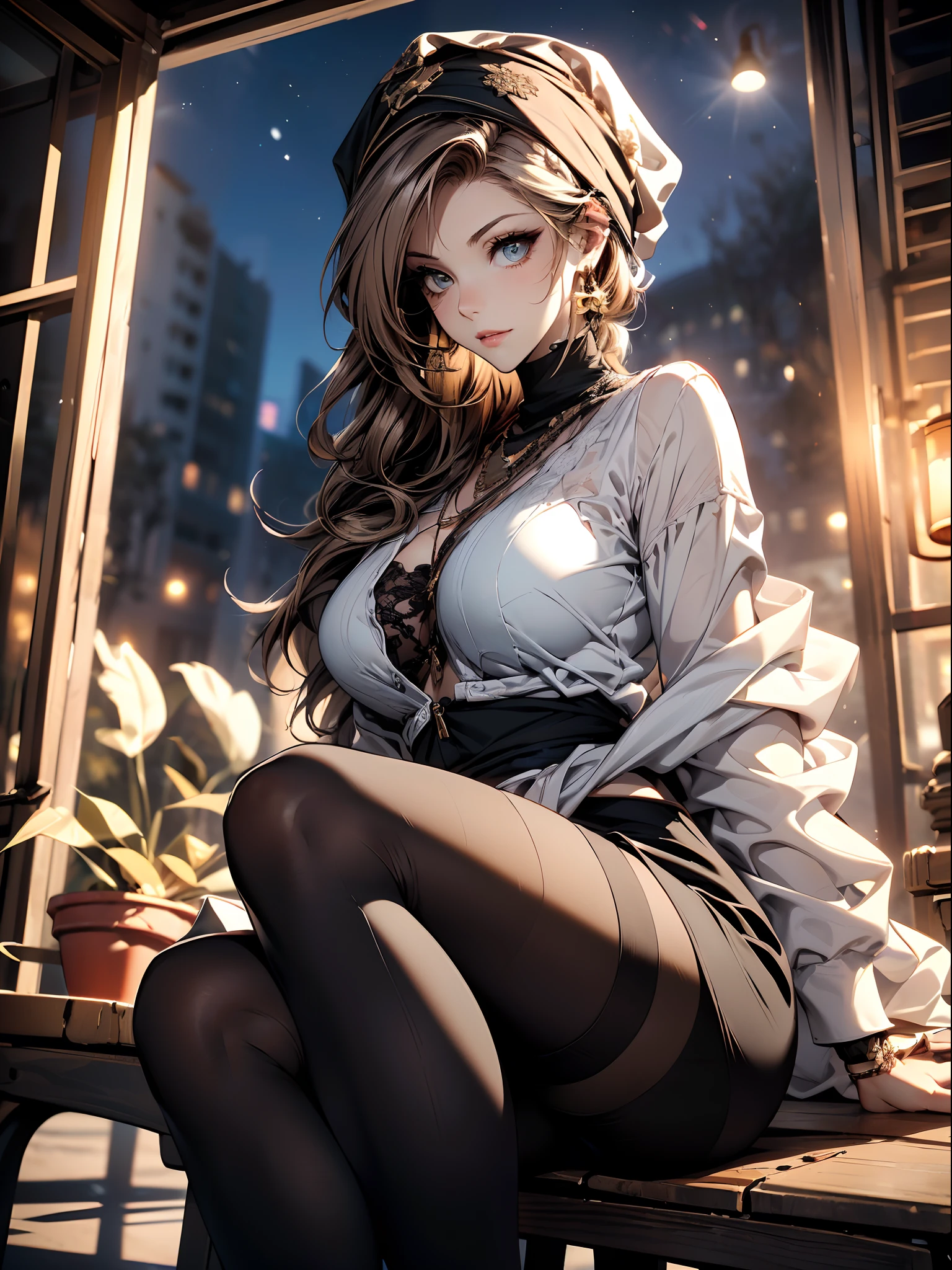 a matured woman with long black hair and a white outfit, (at a rock place in a desert:1.5), (resting in oasis:1.2, sitting with opening legs:1.5, with cross-legged:1.3, in front of lakeside:1.2), Arabic, (Post apocalyptic:0.0), from arknights, artwork in the style of guweiz, bodyesbian, fine details. girls frontline, beautiful anime illustration, from girls frontline, by Yang J, stunning, 26 years old, (milf:1.3), (solo:1.5), (sfw:1.25), sagging breast, large breasts, big tits, thin waist, big ass, Raised sexy, (dark mahogany medium short hair, updo, hair over one eye, asymmetric hair, Carly hair, low tied),(musulman, white Headscarfs, hair bands, head vandage, Turban), (ultra high resolution, 8K RAW photo, photo realistics, thin outline:1.3, clear focus), best qualtiy, natural lighting, blurry back ground, field depth, bokeh, (Bright pupils, detailed beautiful eyes, high detailed face), Red lip, looking away, (dynamic angle, front view:1.1, crotch focus:1.3, from above), dynamic posing, sexy posing, leaning forward, seductive smiling, center image, (wearing white long jacket and clothes, wearing white robes, platinum ornaments, rolling white clothes around waist, camel-brown long leather boots:1.3, translucent lace pantyhose), ((correct anatomy:1.5)), ((outdoor:1.2, in a night:1.3)),