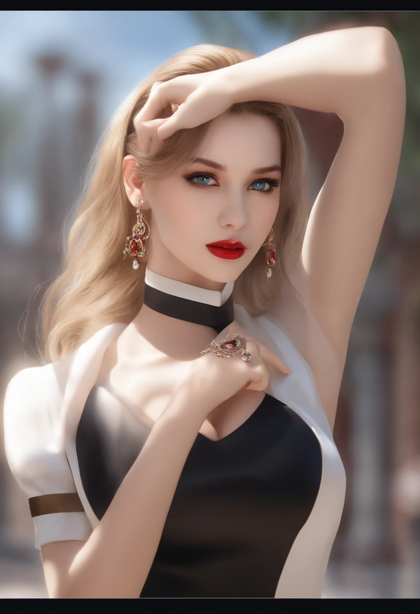 Incomparable masterpiece, ultra-realistic 8k CG, perfect artwork, ((perfect female image)), mature woman, slender waist, seductive, clean, beautiful face, {extremely delicate and beautiful girl} , 8k wallpaper, {{{Masterpiece}} }, 1girl, blonde hair, blue eyes, ponytail, police uniform, jewelry, lips, lipstick, long hair, look spectator, makeup, lips, red lips, simple background, solo, upper body, (shiny skin), naked