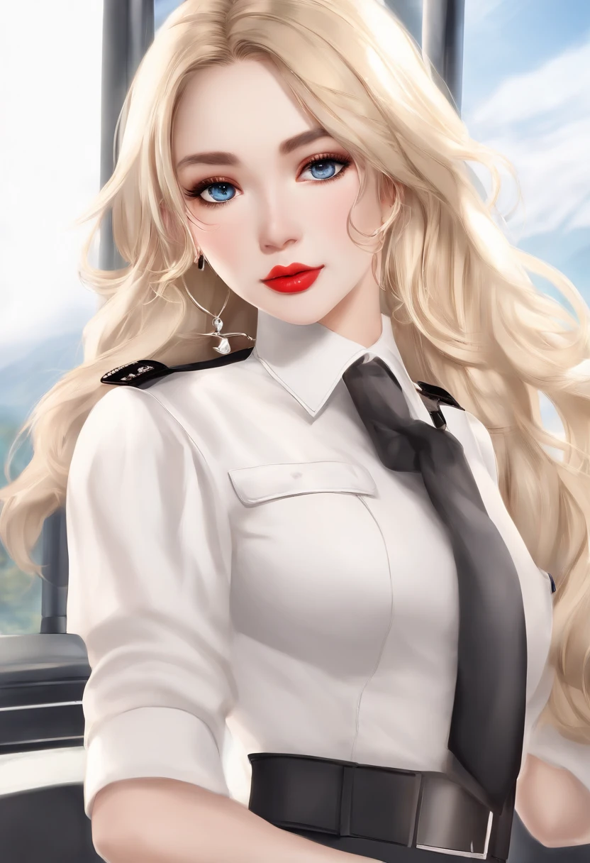 Incomparable masterpiece, ultra-realistic 8k CG, perfect artwork, ((perfect female image)), mature woman, slender waist, seductive, clean, beautiful face, {extremely delicate and beautiful girl} , 8k wallpaper, {{{Masterpiece}} }, 1girl, blonde hair, blue eyes, ponytail, police uniform, jewelry, lips, lipstick, long hair, look spectator, makeup, lips, red lips, simple background, solo, upper body, (shiny skin), naked