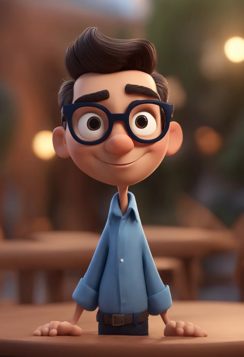 Cartoon character of a man with black glasses and a blue shirt, animation character, Caractere estilizado, animation style rendering, 3D estilizado, Arnold Maya render, 3 d render stylized, toon render keyshot, Personagem 3D, Personagem 3D, 3d rendering stylized, 3 d character render, personagem de desenho animado, Personagem de close up, Pose de personagem, (Estilo Pixar) (master part:1.2) (Bokeh) (best quality) (pele detalhada) (textura detalhada) (8k) (argila) (Cinematic lighting) (foco nítido