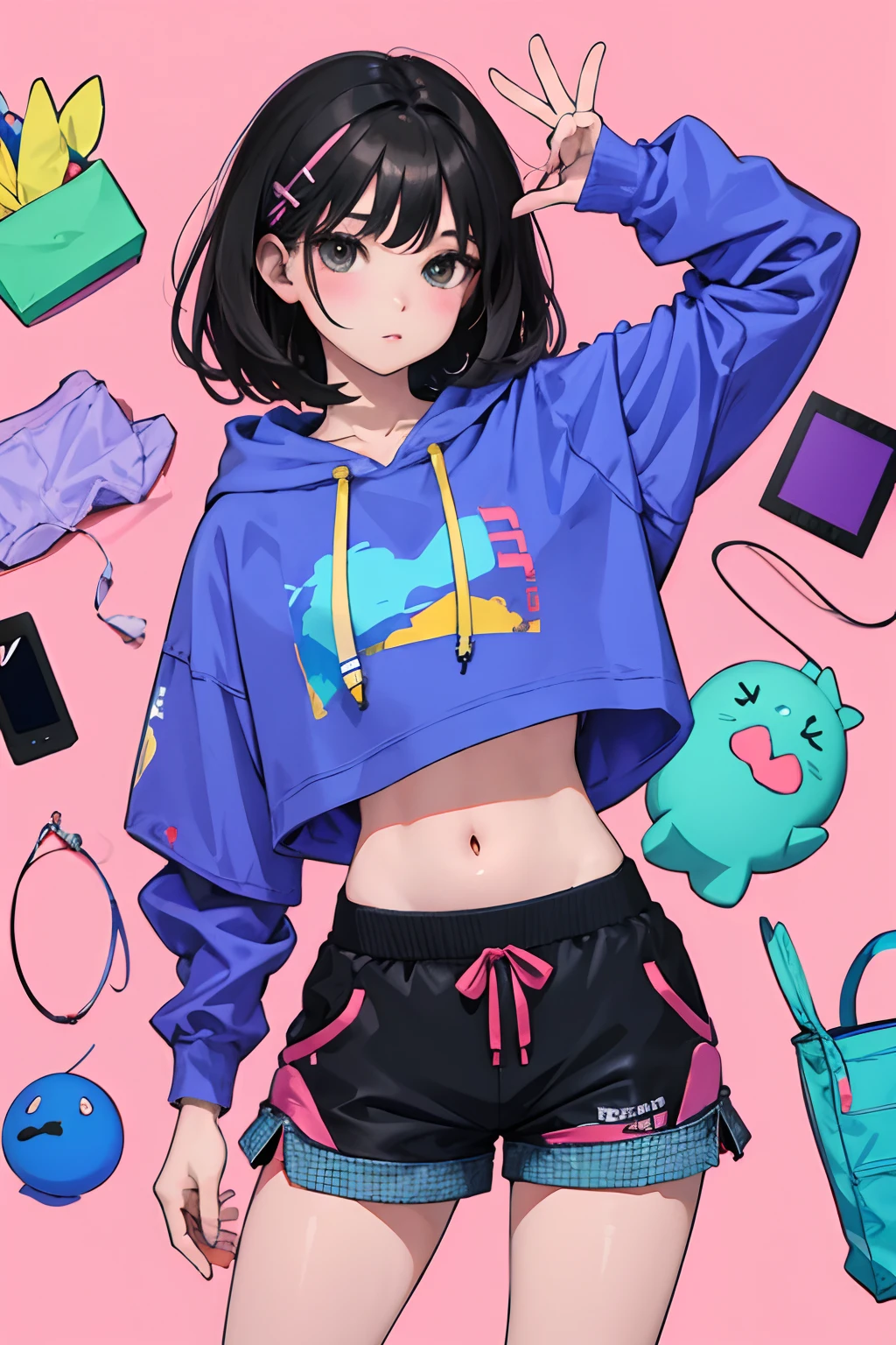 (),(masterpiece,Highest Quality),Crop Top Look,Pastel Hoodie,(Gingham Check Shorts),A dark-haired,World of toys
