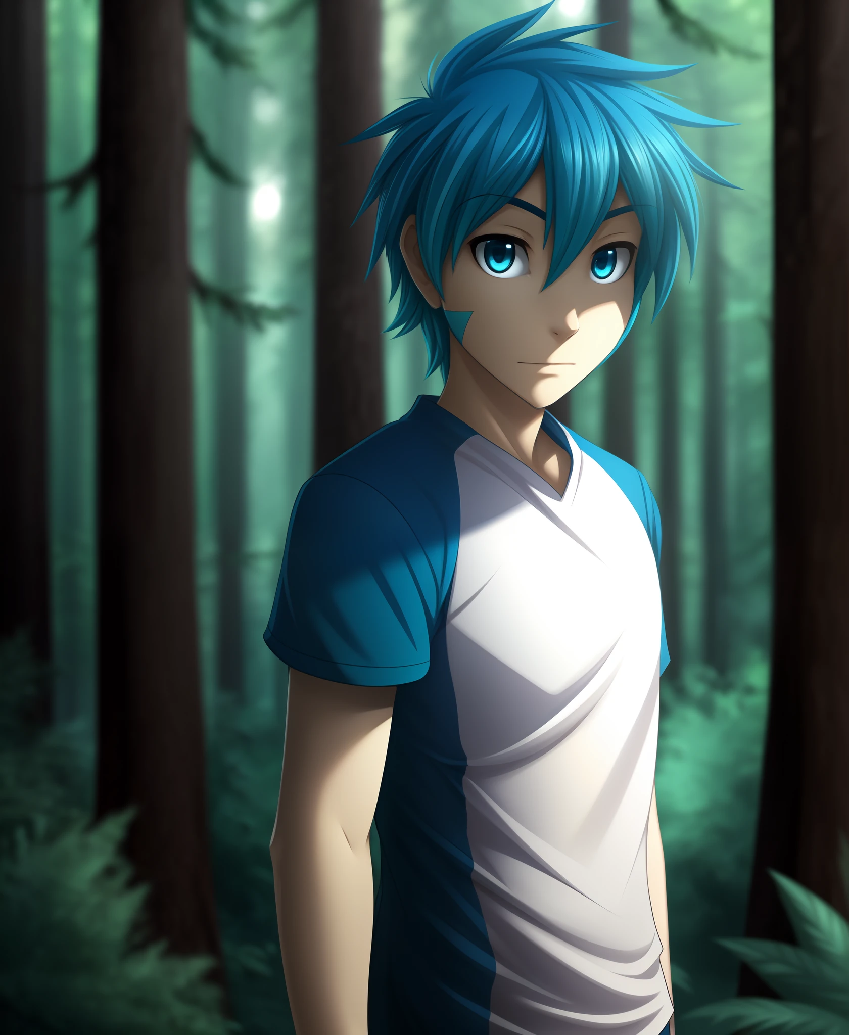 trace-legacy, twokinds, by tom_fischbach,, (best quality, masterpiece:1), full body ,solo, male human, blue eyes, medium hair, blue hair, portrait,  looking at viewer,  (outdoors dark forest trees blurry blurred background:1.1),