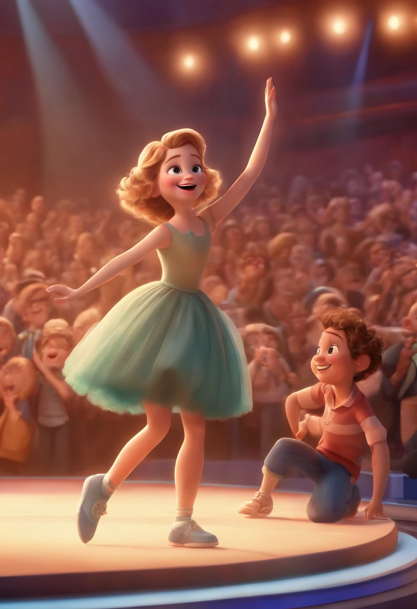 "(best quality,ultra-detalhado,Realistic:1.37),3D rendering,illustration,design de personagens,cabelos curtos e cacheados escuros,belos olhos detalhados,wearing white glasses,Estilo Pixar,morena mulher,Dancing on the Disney stage,atmosfera animada,vivid colors,luzes de palco,expression joyful"