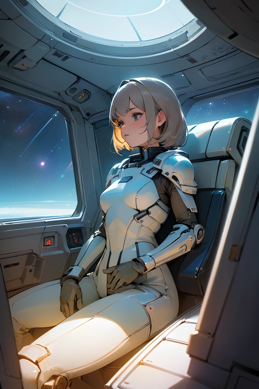 (((masterpiece))), (((best quality))), ((ultra-detailed)), ((an extremely delicate and beautiful)), ((1girl)), solo, (character focus), absurdres, Top quality, ultra high resolution, (photorealistic: 1.4), jumpsuit, sci-fi spaceship interior background, circuit plate mail, medium breasts, realistic world, outdoors, light hair, armour, space, knight,