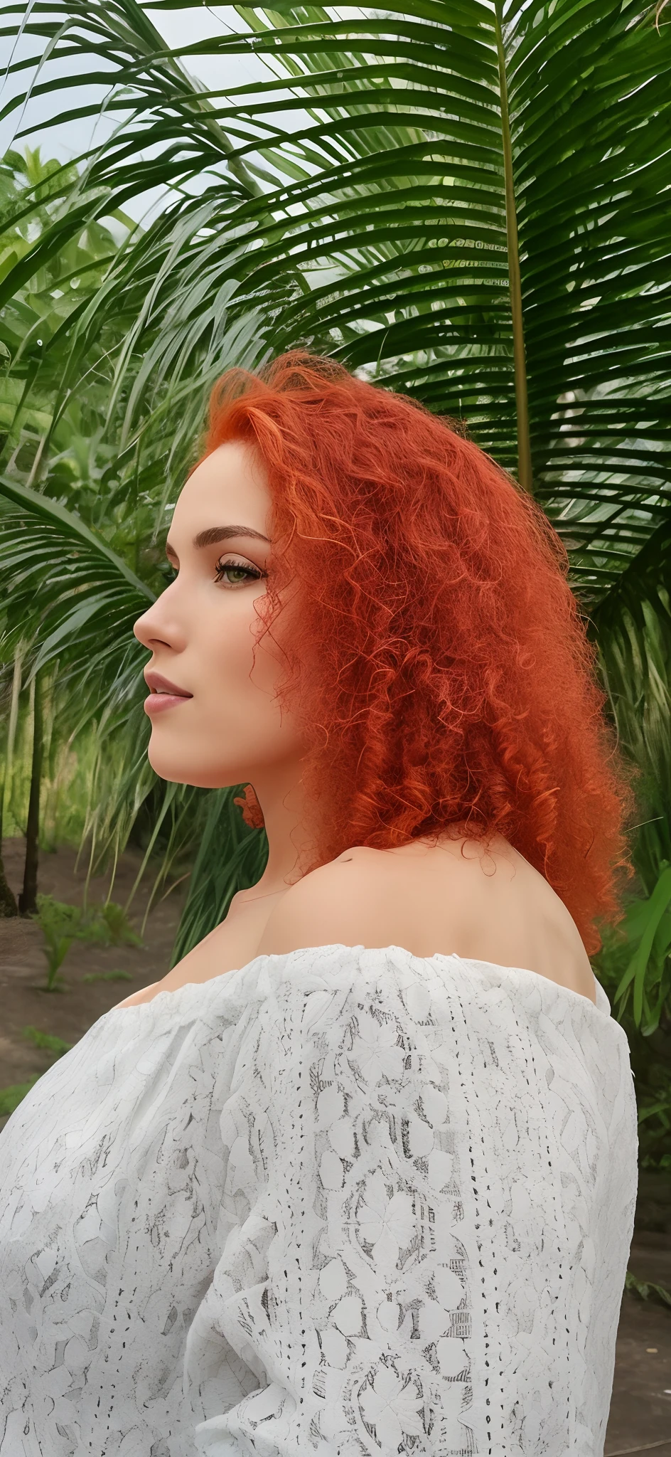 a close-up of a woman with freckles in a bikini, with cabelos ruivos encaracolados, cabelo cacheado cor de cobre, cabelo ruivo cacheado, pele laranja e cabelos longos e ardentes, cabelos ruivos encaracolados, cabelo laranja brilhante, she has long redcabelo laranja, cabelo laranja, ela tem pele morena oliva, bright cabelo laranja, cerveja madison como leeloo, cabelo ruivo selvagem