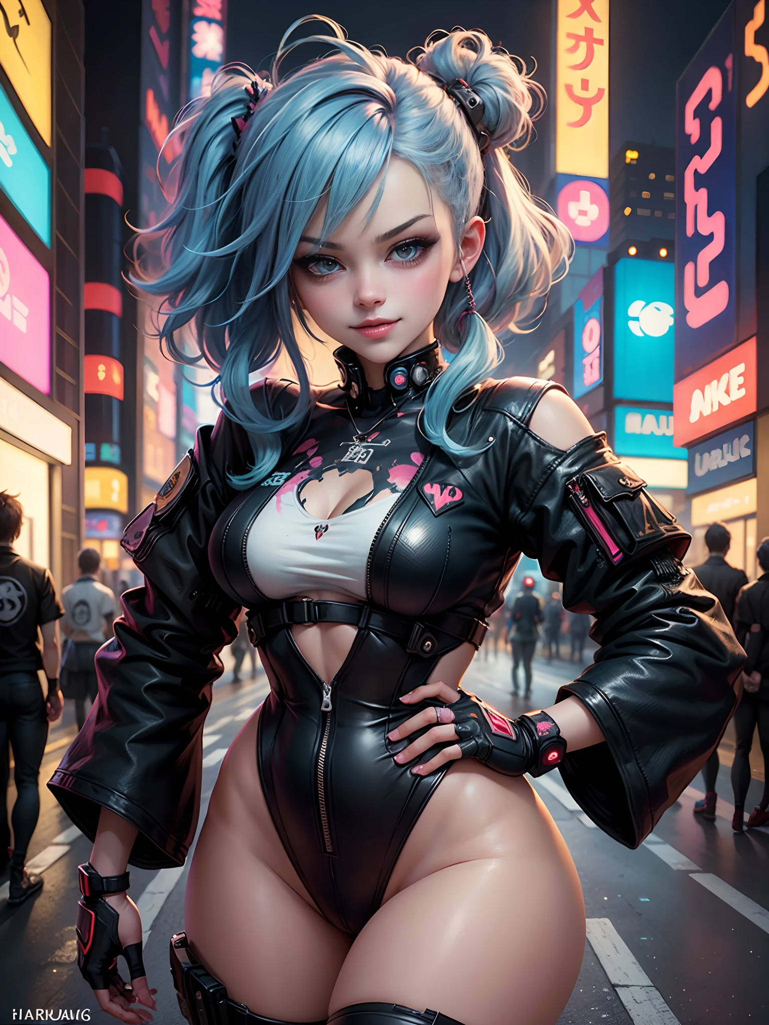 masterpiece, best quality, 2 smiling cyberpunk girls standing together taking selfie portrait, ((((Harajuku-inspired cyberpunk clothing)))), bold colors and patterns, eye-catching accessories, trendy and innovative hairstyle))), ((insane detail)), dazzling Cyberpunk cityscape, skyscrapers, glowing neon signs, (LED lights), anime illustration, detailed skin texture, detailed cloth texture, beautiful detailed face, intricate details, ultra detailed, cinematic lighting, strong contrast.