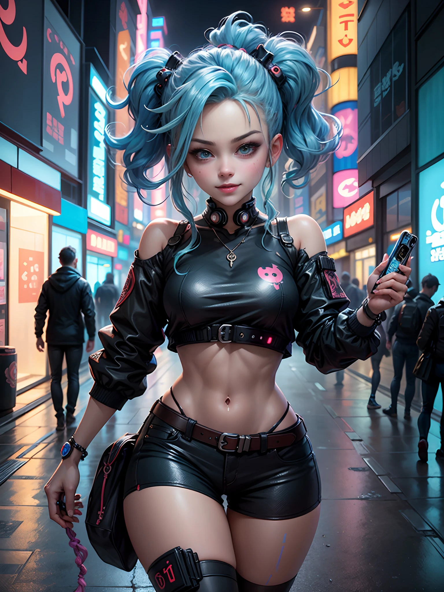 masterpiece, best quality, 2 smiling cyberpunk girls standing together taking selfie portrait, ((((Harajuku-inspired cyberpunk clothing)))), bold colors and patterns, eye-catching accessories, trendy and innovative hairstyle))), ((insane detail)), dazzling Cyberpunk cityscape, skyscrapers, glowing neon signs, (LED lights), anime illustration, detailed skin texture, detailed cloth texture, beautiful detailed face, intricate details, ultra detailed, cinematic lighting, strong contrast.