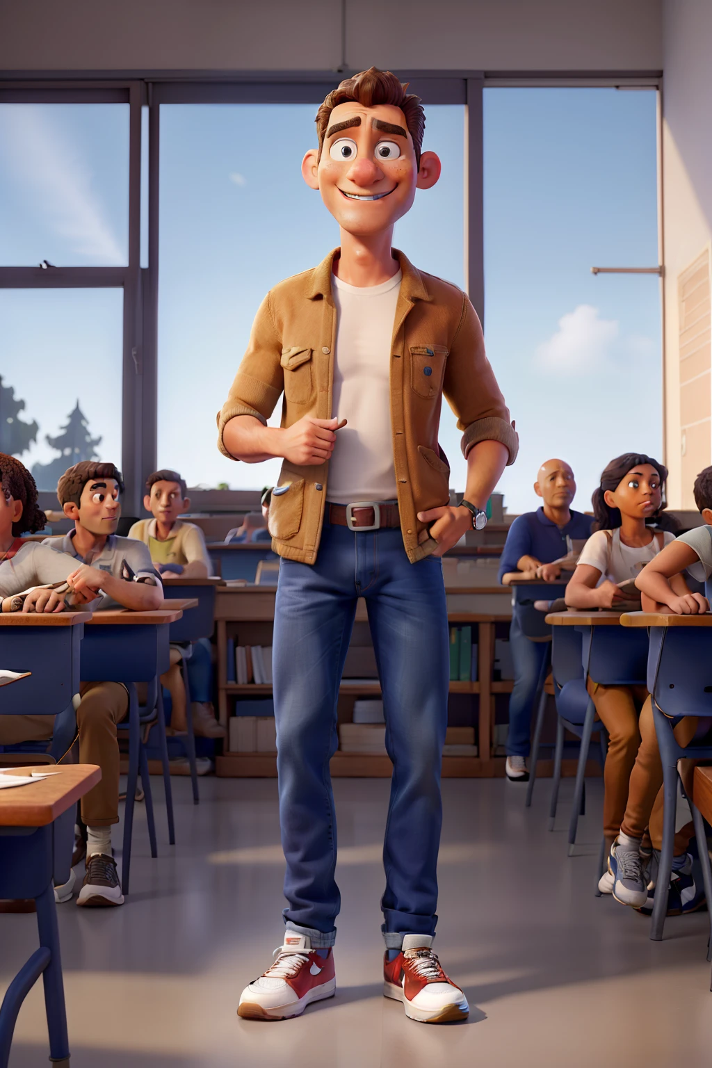 History teacher in the classroom, homem, careca, olhos castanhos, jeans, sneakers Nike