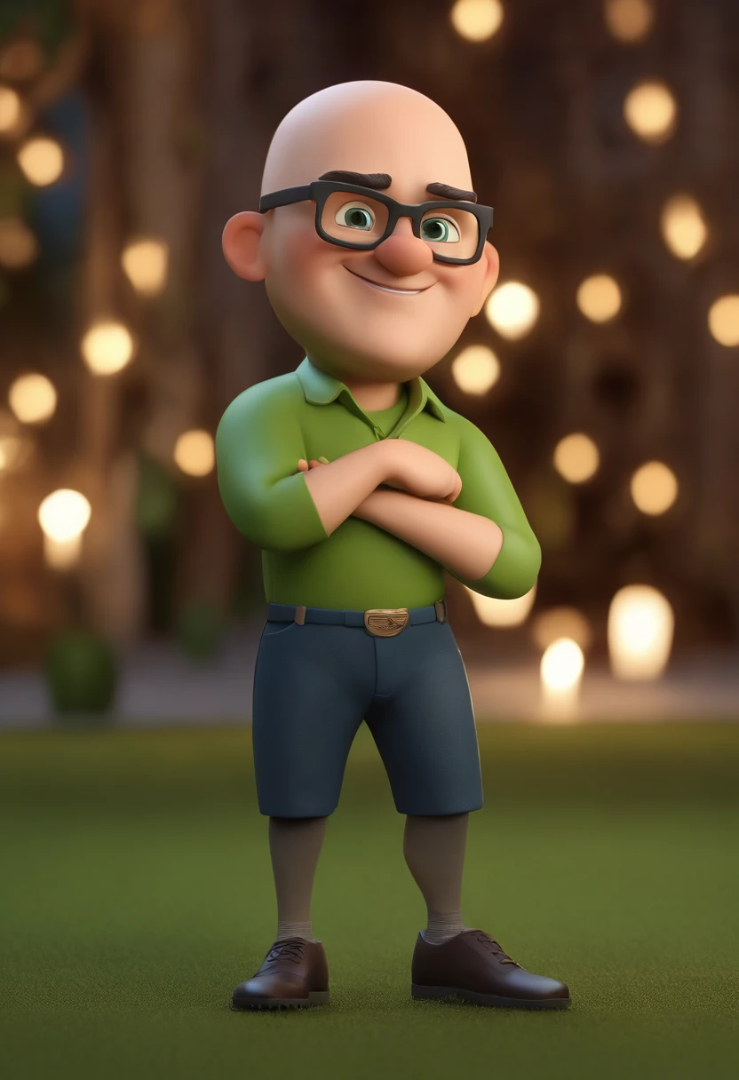 Cartoon character of a man wearing black glasses, half bald, green eyes and a blue shirt, um personagem animado, Caractere estilizado, animation style rendering, 3D estilizado, Arnold Maya render, 3 d render stylized, toon render keyshot, Personagem 3D, Personagem 3D, 3d rendering stylized, 3 d character render, personagem de desenho animado, Personagem de close up, Pose de personagem, (Estilo Pixar) (master part:1.2) (Bokeh) (best quality) (pele detalhada) (textura detalhada) (8k) (argila) (Cinematic lighting) (foco nítido，Senta e vaza a parte superior do corpo