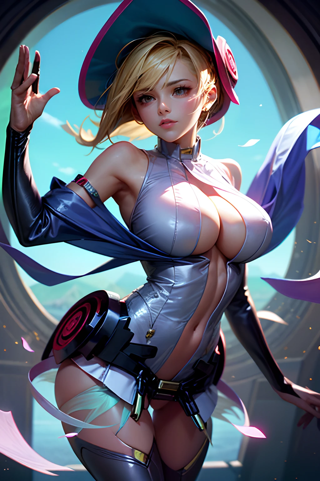 (Obra maestra:1.2), (La mejor calidad:1.2), Perfect lighting, Chica Maga Oscura lanzando un hechizo, flotando en el aire, tetas grandes, escote, fondo de magia. Corazones transparente en el hambiente, blue robe, sombrero grande, desde arriba, Destellos, Yugioh Card en el fondo