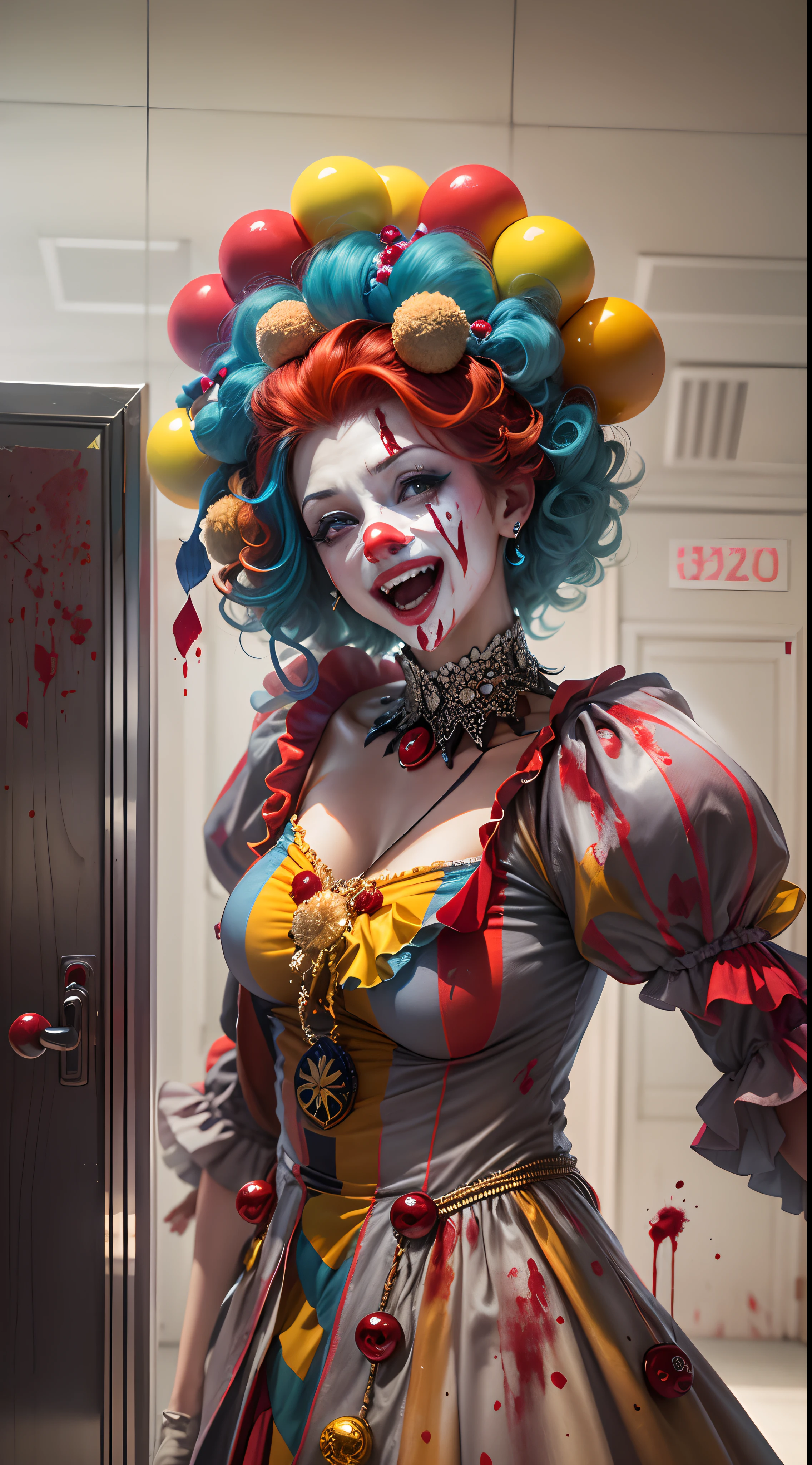 Crazy Clown Queen,Teardrop-shaped eyes,Reddens Nose,Cute,Wavy hair, feathered headdress,Sparkling sequins,Colorful clown costumes, mitts, ,high-heels。burst into laughter, (The ground was covered in blood), (Standing in the hospital corridor),painting-like,Sharp contrast,ominous lighting,Best quality, realistic, photo level fidelity: 1.37, artistic interpretation, masterpiece: 1.2, high-rise