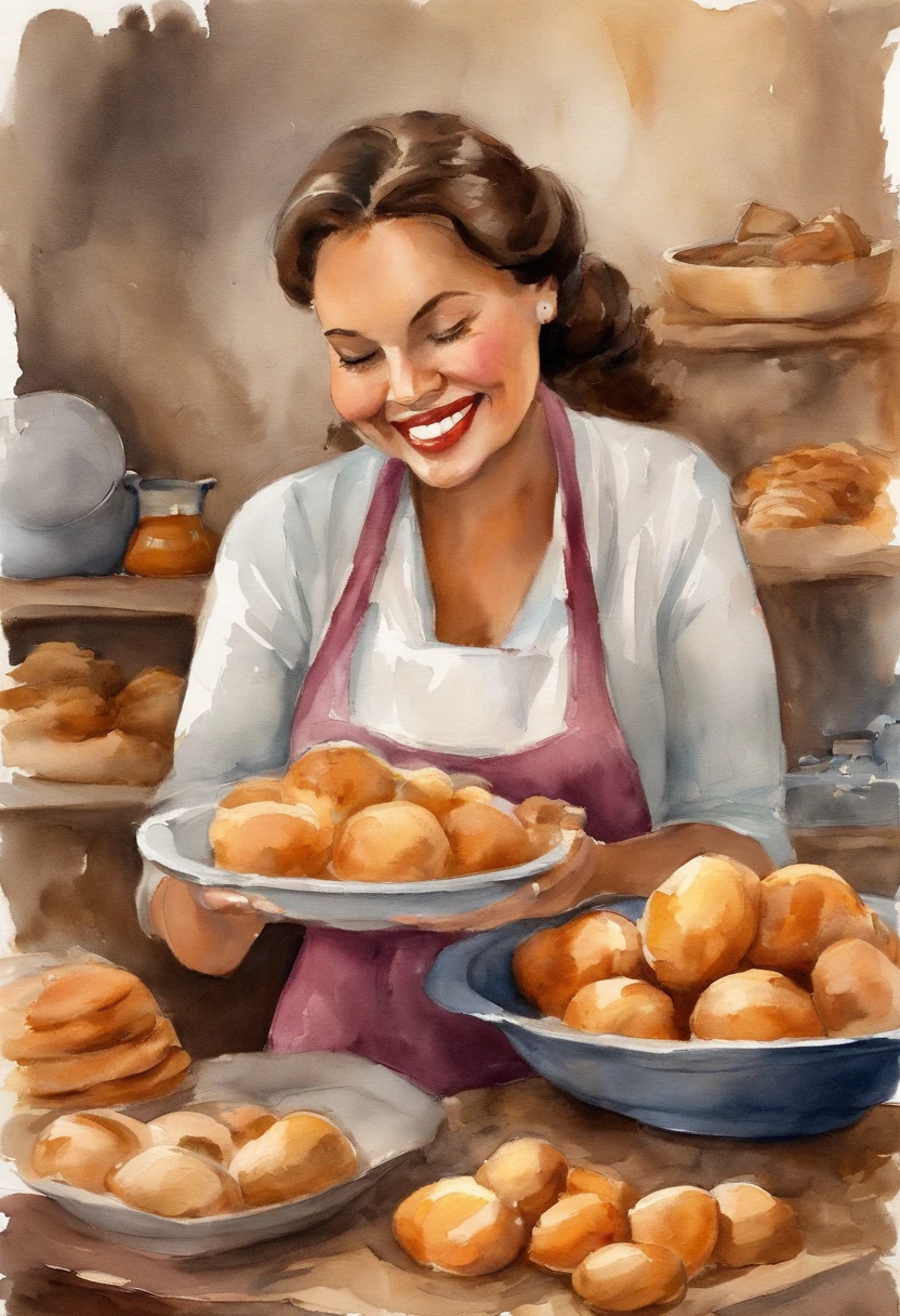 Create a Disney Pixar Poster. Uma mulher chef de cozinha. Esta mulher tem cabelos cor castanho escuro, cabelos na altura do ombro, Is smiling happily, olhos castanhos, olhos pequenos. Ela usa brincos pequenos. Ela tem pele branca. She's making bread in a bakery. Na confeitaria tem flores na cor rosa.
