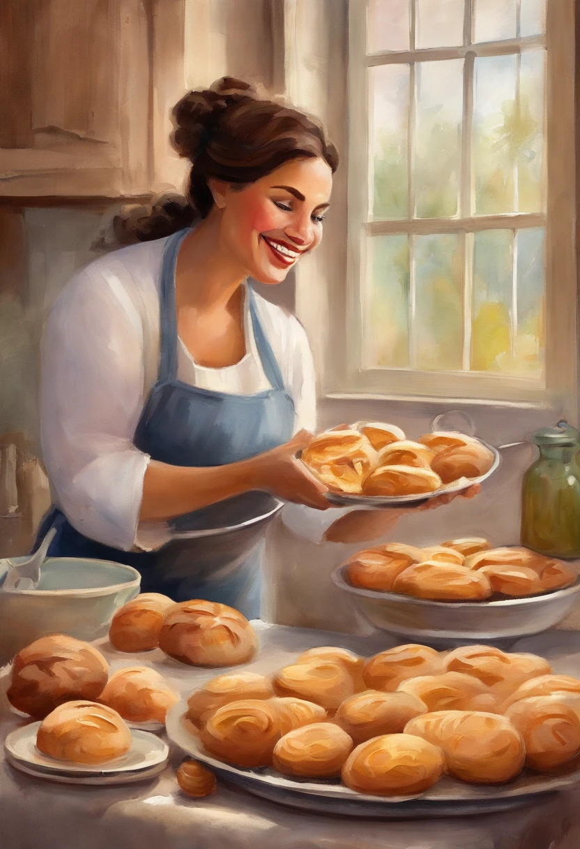 Create a Disney Pixar Poster. Uma mulher chef de cozinha. Esta mulher tem cabelos cor castanho escuro, cabelos na altura do ombro, Is smiling happily, olhos castanhos, olhos pequenos. Ela usa brincos pequenos. Ela tem pele branca. She's making bread in a bakery. Na confeitaria tem flores na cor rosa.