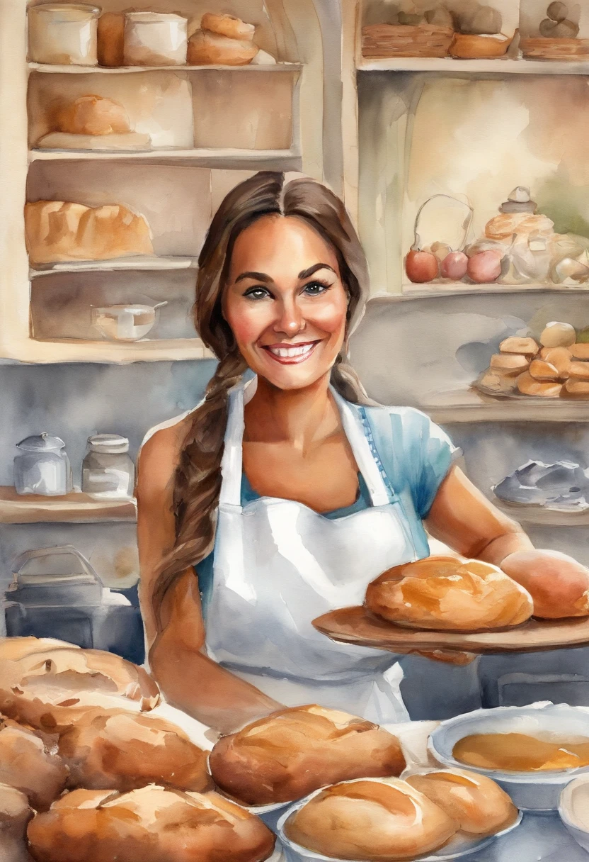 Create a Disney Pixar Poster. Uma mulher chef de cozinha. Esta mulher tem cabelos cor castanho escuro, cabelos na altura do ombro, Is smiling happily, olhos castanhos, olhos pequenos. Ela usa brincos pequenos. Ela tem pele branca. She's making bread in a bakery. Na confeitaria tem flores na cor rosa.