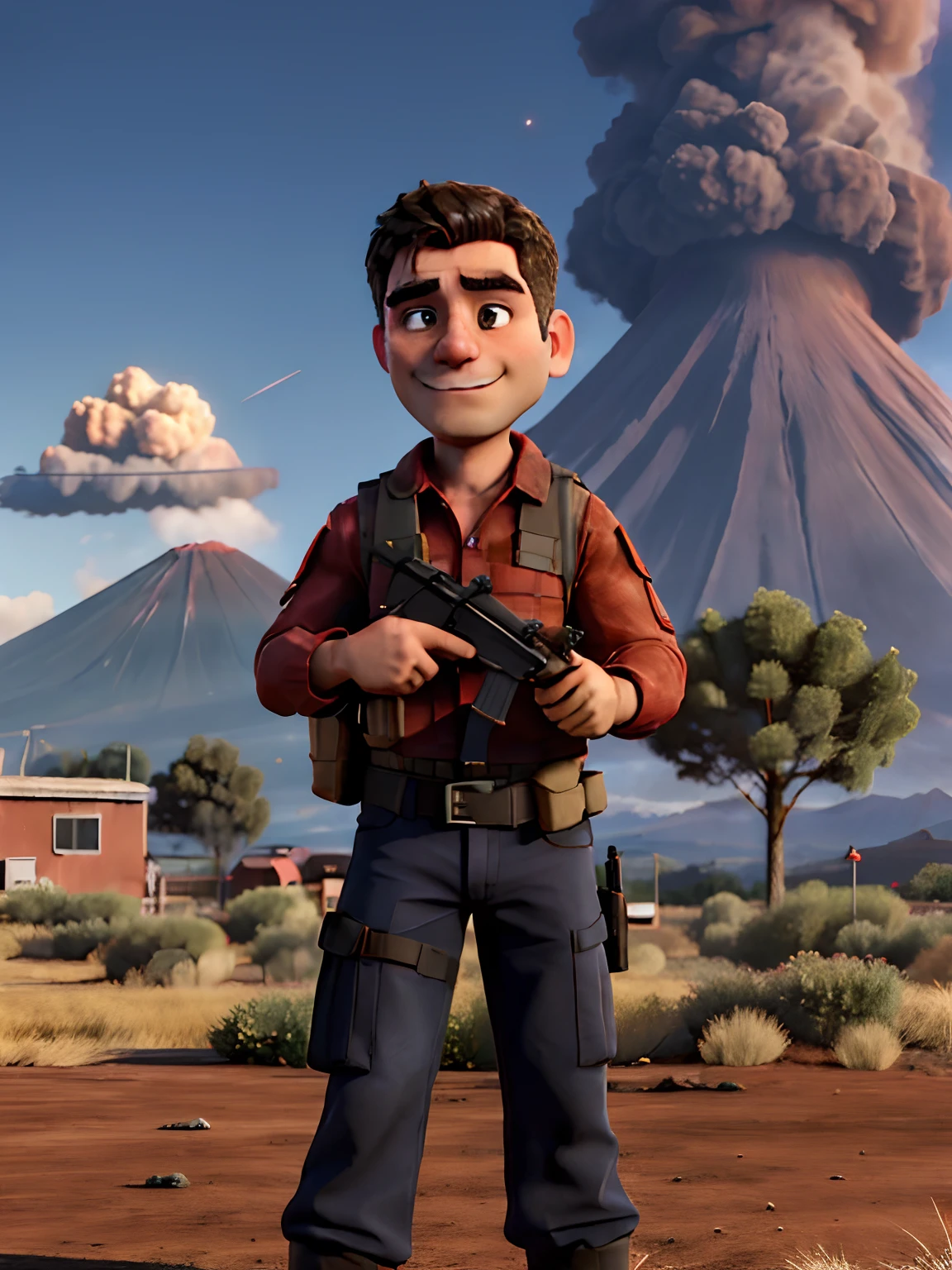 Man holding a gun in front of a red building, fortemente armado, Airsoft CQB, gloomy sky, volcano in the background, Directed by: Luis Molinari, Postagem 4k, 4 k post, armado com armas de ponta, Directed by: Ramon Silva, david rios ferreira, com fuzil, Directed by: Alejandro Obregon