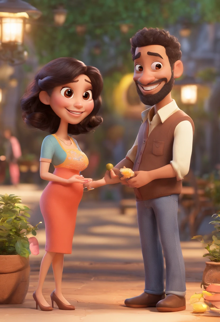 casal, Pregnant woman, cabelo curto castanho claro, olhos puxados castanho claro, pelo morena clara, pearl colored cold clothing, sorriso meigo, flowery scenery, olhar de ternura, segurando a barriga. Homem magro, with a beard that is not too full, olhos castanho escuro, pele morena clara, cabelos preto baixo, calvo e barba preta, Estilo Disney Pixar Animations