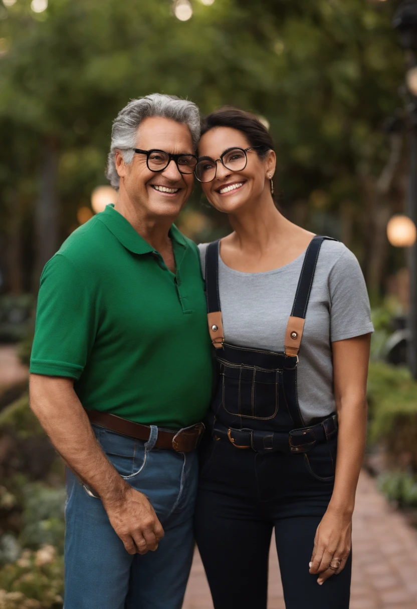Pixar. Casal com um filhote de gato preto. A mulher branca tem os cabelos pretos com franja, vestido verde, O homem cabelos pretos, barba grande, round glasses, Blue jeans and gray t-shirt with suspenders. They are both smiling and are 30 years old